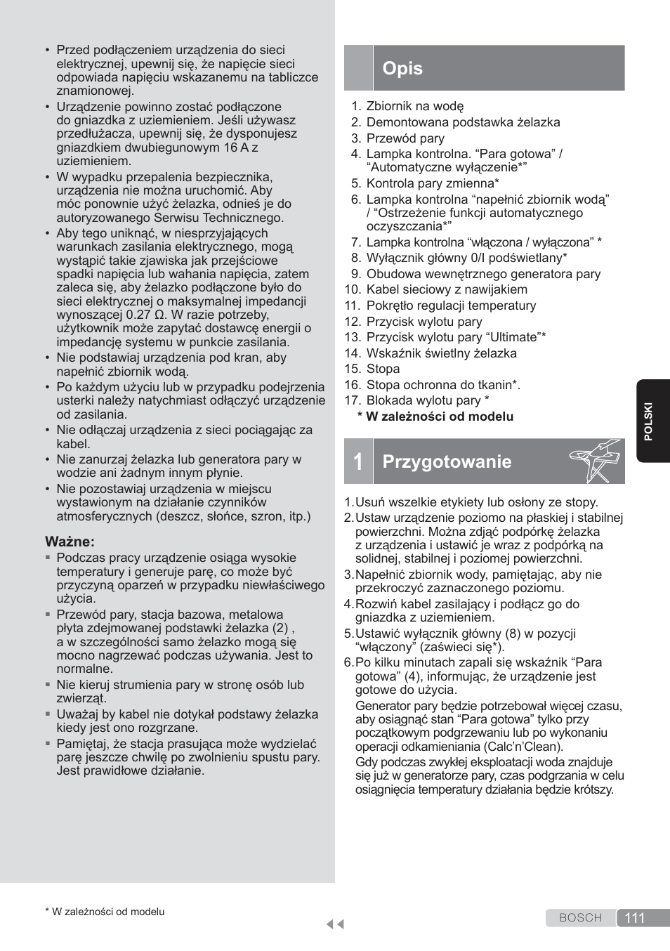 Opis, Przygotowanie | Bosch TDS3560 schwarz schwarz Dampfstation Sensixx B35L power User Manual | Page 111 / 158