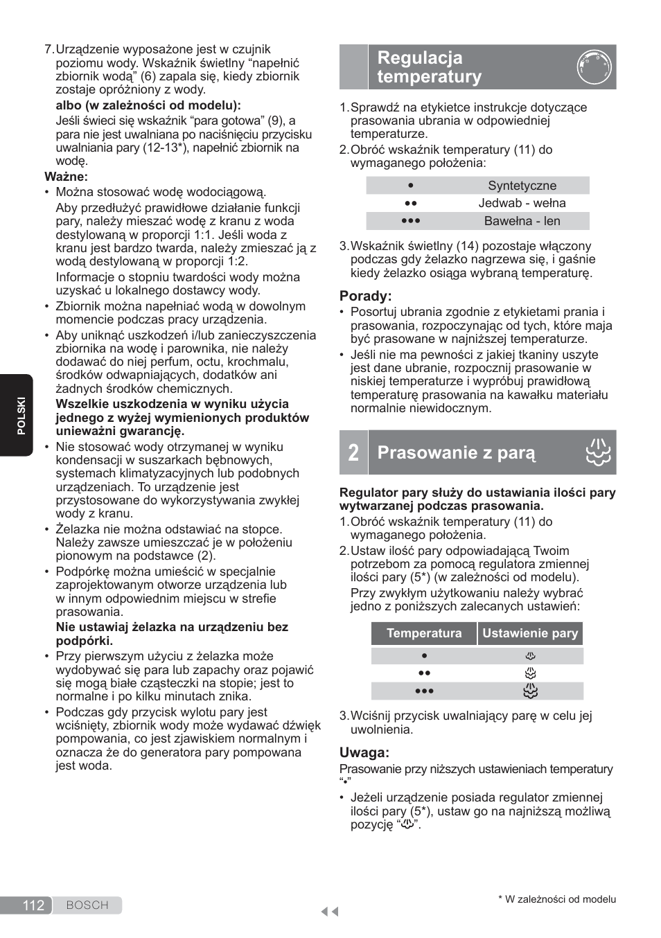 Regulacja temperatury, Prasowanie z parą | Bosch TDS3560 schwarz schwarz Dampfstation Sensixx B35L power User Manual | Page 112 / 158