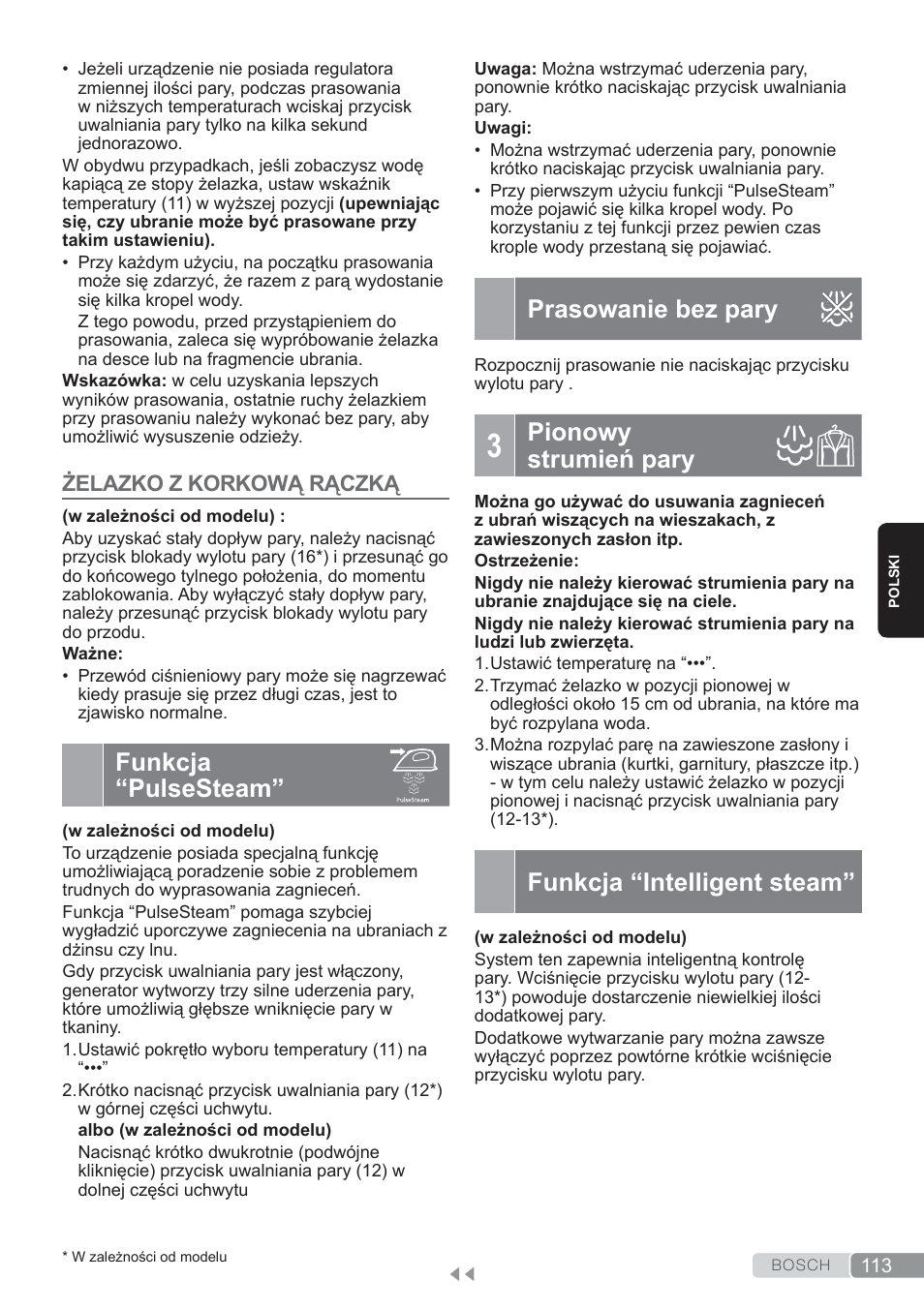 Funkcja “pulse steam, Prasowanie bez pary, Pionowy strumień pary | Funkcja “intelligent steam, Funkcja “pulsesteam | Bosch TDS3560 schwarz schwarz Dampfstation Sensixx B35L power User Manual | Page 113 / 158