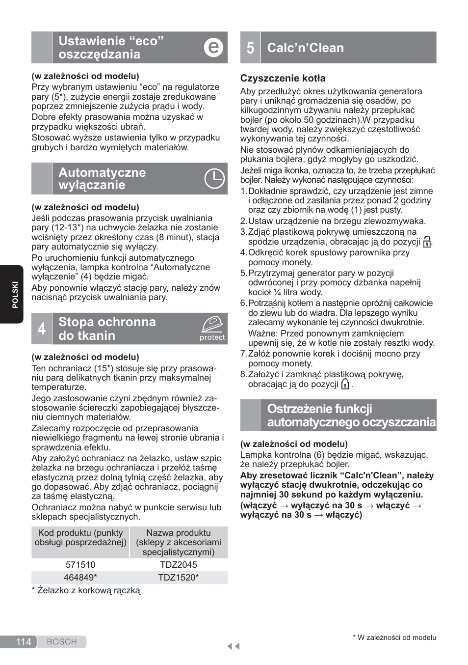 Ustawienie “eco” oszczędzania, Automatyczne wyłączanie, Stopa ochronna do tkanin | Calc’n’clean, Ostrzeżenie funkcji automatycznego oczyszczania | Bosch TDS3560 schwarz schwarz Dampfstation Sensixx B35L power User Manual | Page 114 / 158