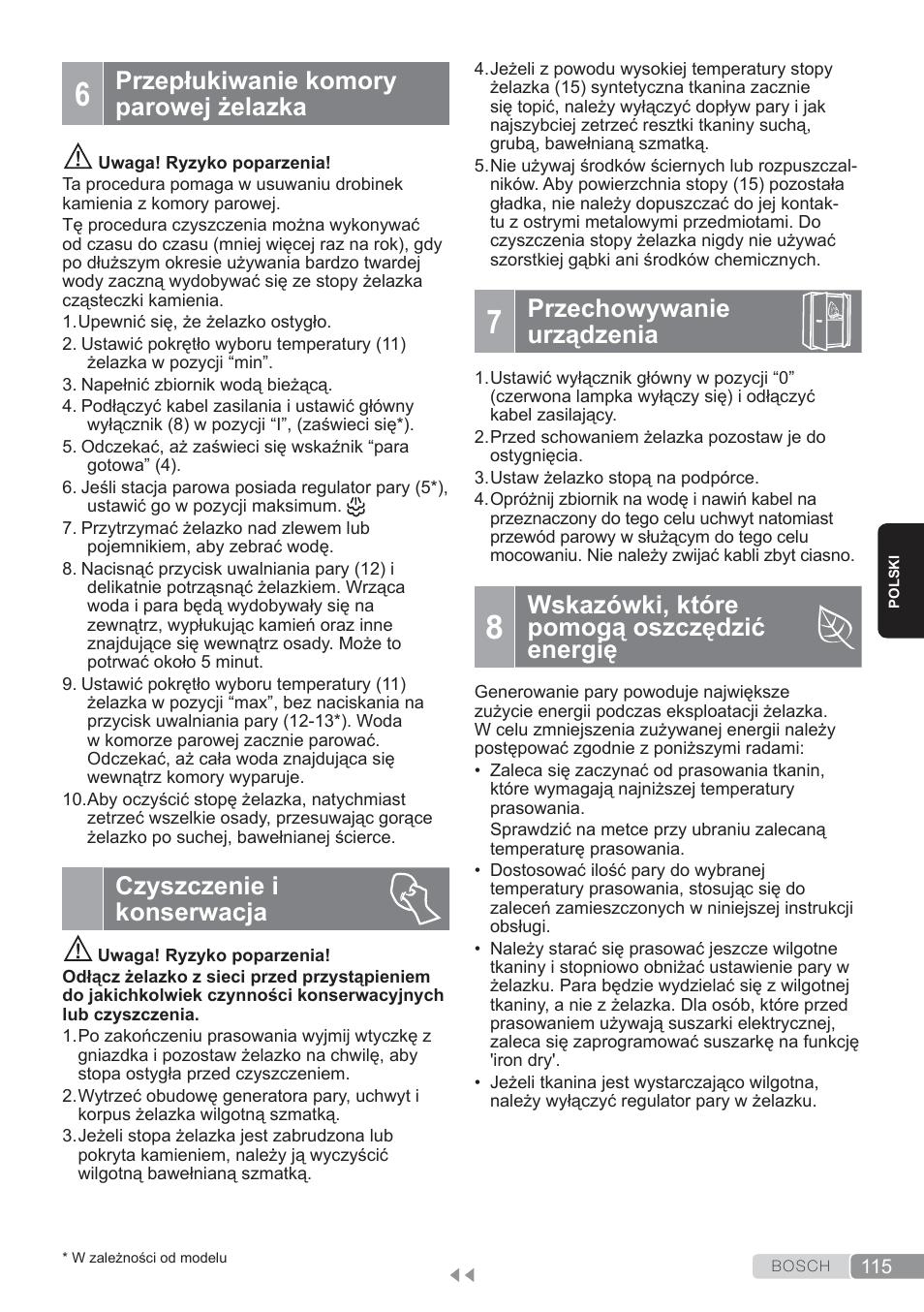 Przepłukiwanie komory parowej żelazka, Czyszczenie i konserwacja, Przechowywanie urządzenia | Wskazówki, które pomogą oszczędzić energię | Bosch TDS3560 schwarz schwarz Dampfstation Sensixx B35L power User Manual | Page 115 / 158