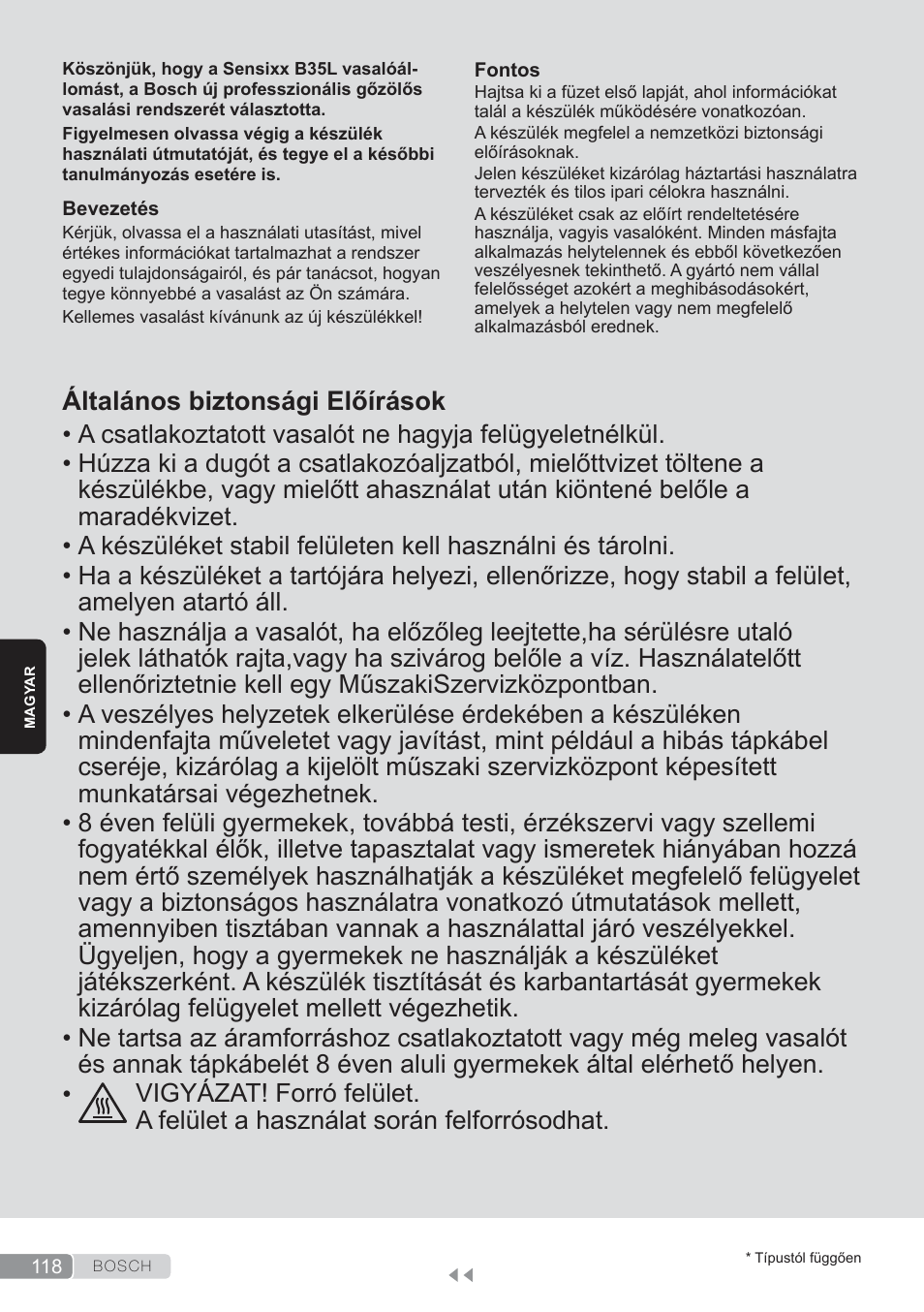 Magyar, Általános biztonsági előírások | Bosch TDS3560 schwarz schwarz Dampfstation Sensixx B35L power User Manual | Page 118 / 158