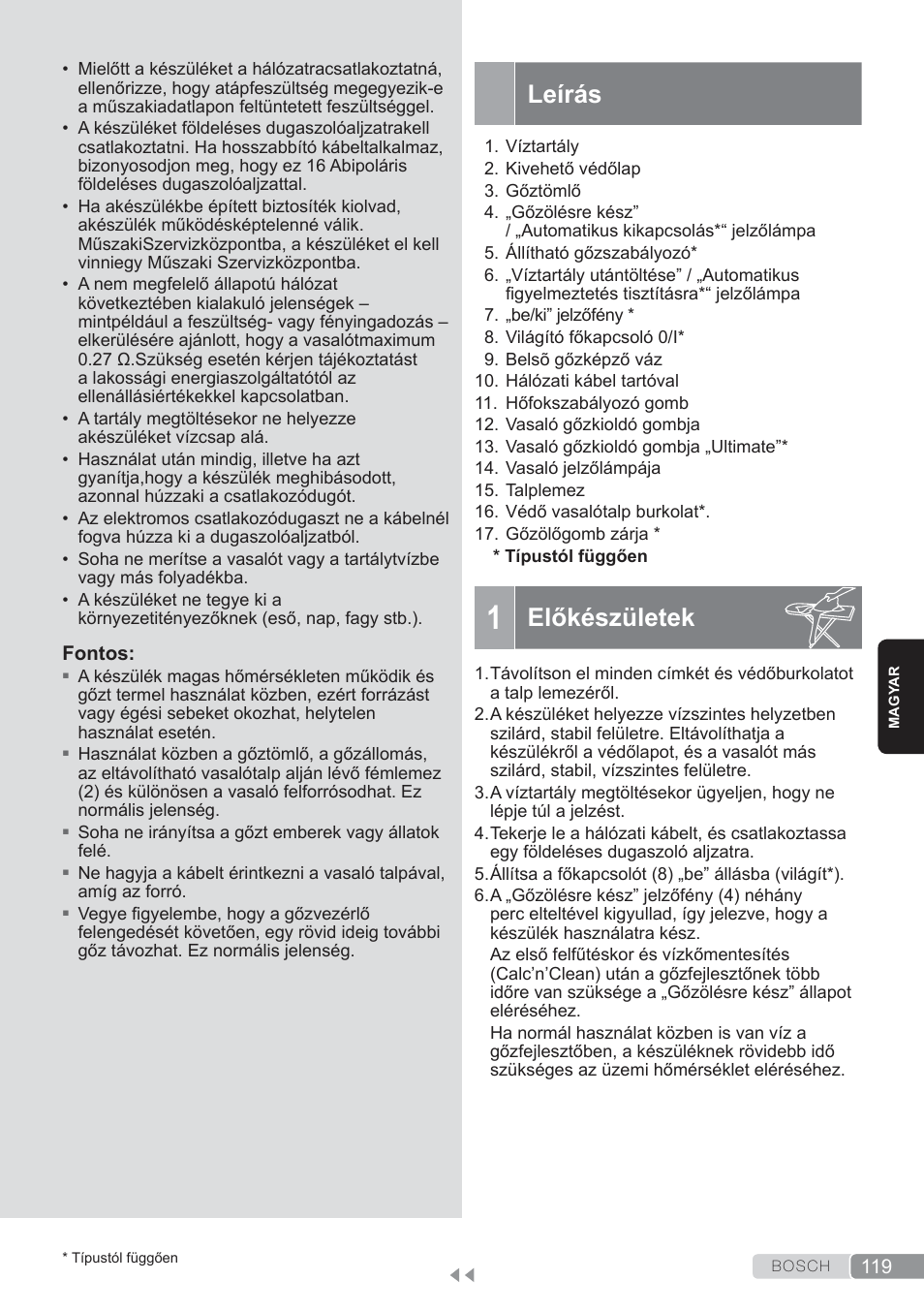 Leírás, Előkészületek | Bosch TDS3560 schwarz schwarz Dampfstation Sensixx B35L power User Manual | Page 119 / 158