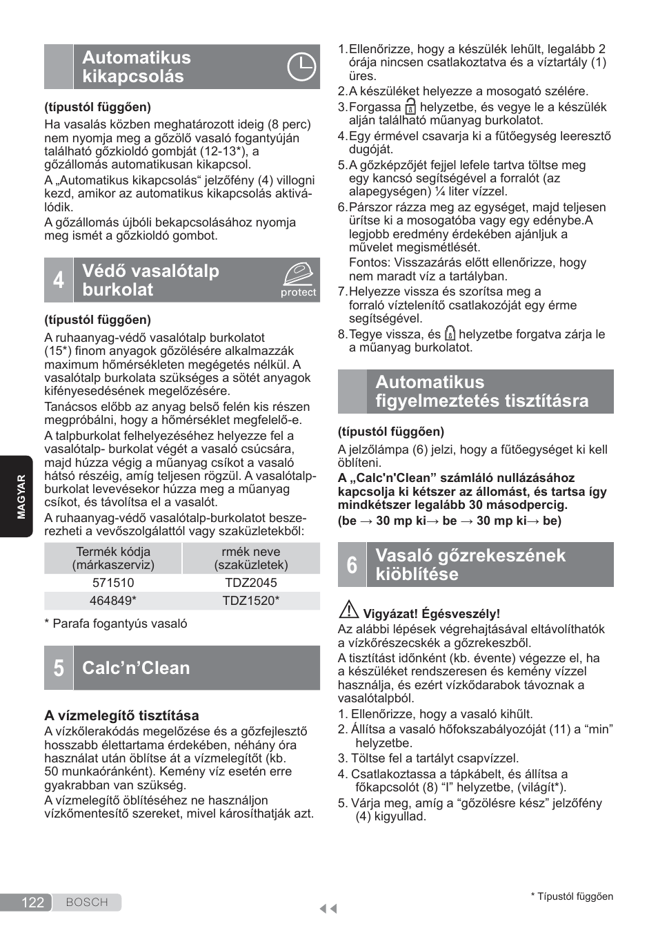 Automatikus kikapcsolás, Védő vasalótalp burkolat, Calc’n’clean | Automatikus figyelmeztetés tisztításra, Vasaló gőzrekeszének kiöblítése | Bosch TDS3560 schwarz schwarz Dampfstation Sensixx B35L power User Manual | Page 122 / 158
