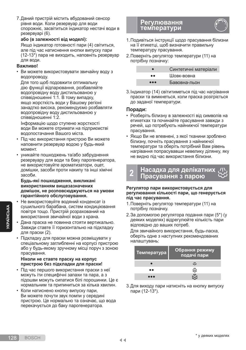 Регулювання температури, Насадка для делікатних прасування з парою | Bosch TDS3560 schwarz schwarz Dampfstation Sensixx B35L power User Manual | Page 128 / 158