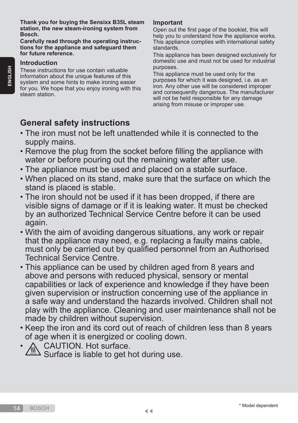 English, General safety instructions | Bosch TDS3560 schwarz schwarz Dampfstation Sensixx B35L power User Manual | Page 14 / 158