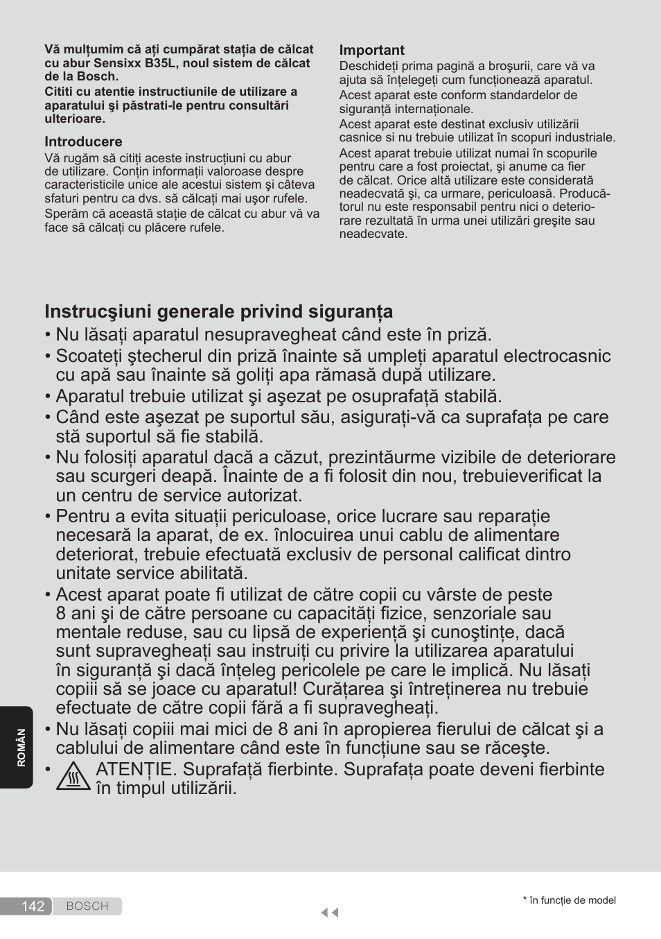 Român, Instrucşiuni generale privind siguranţa | Bosch TDS3560 schwarz schwarz Dampfstation Sensixx B35L power User Manual | Page 142 / 158