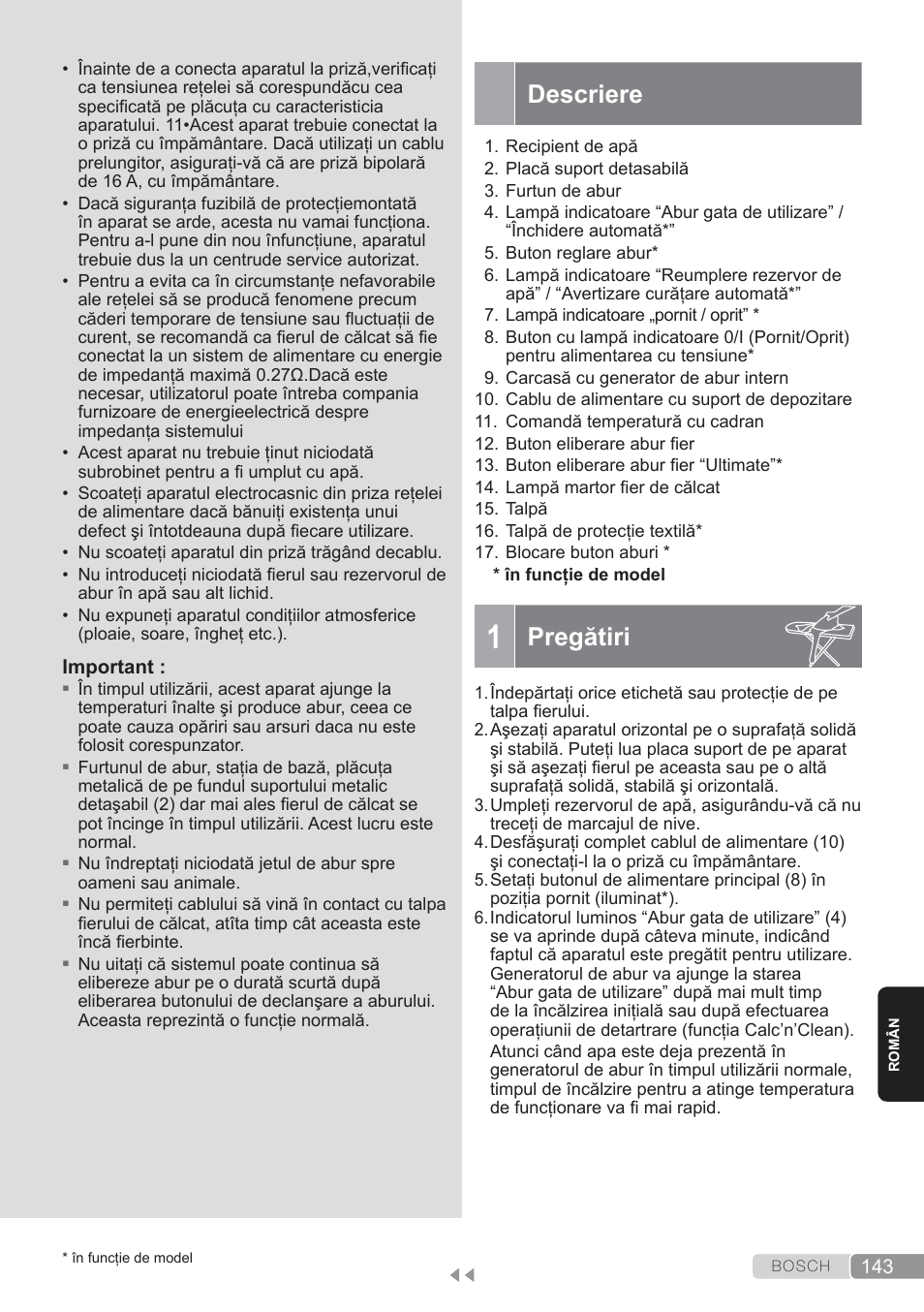 Descriere, Pregătiri | Bosch TDS3560 schwarz schwarz Dampfstation Sensixx B35L power User Manual | Page 143 / 158