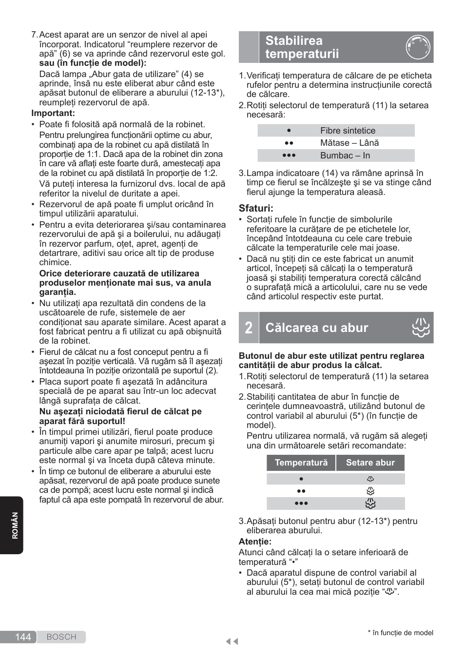 Stabilirea temperaturii, Călcarea cu abur | Bosch TDS3560 schwarz schwarz Dampfstation Sensixx B35L power User Manual | Page 144 / 158