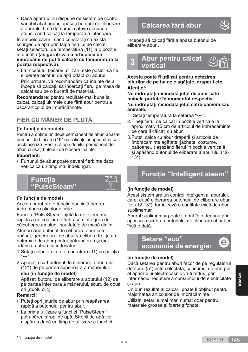 Funcţia “pulse steam, Călcarea fără abur, Abur pentru călcat vertical | Funcţia “intelligent steam, Setare “eco” economie de energie, Funcţia “pulsesteam | Bosch TDS3560 schwarz schwarz Dampfstation Sensixx B35L power User Manual | Page 145 / 158