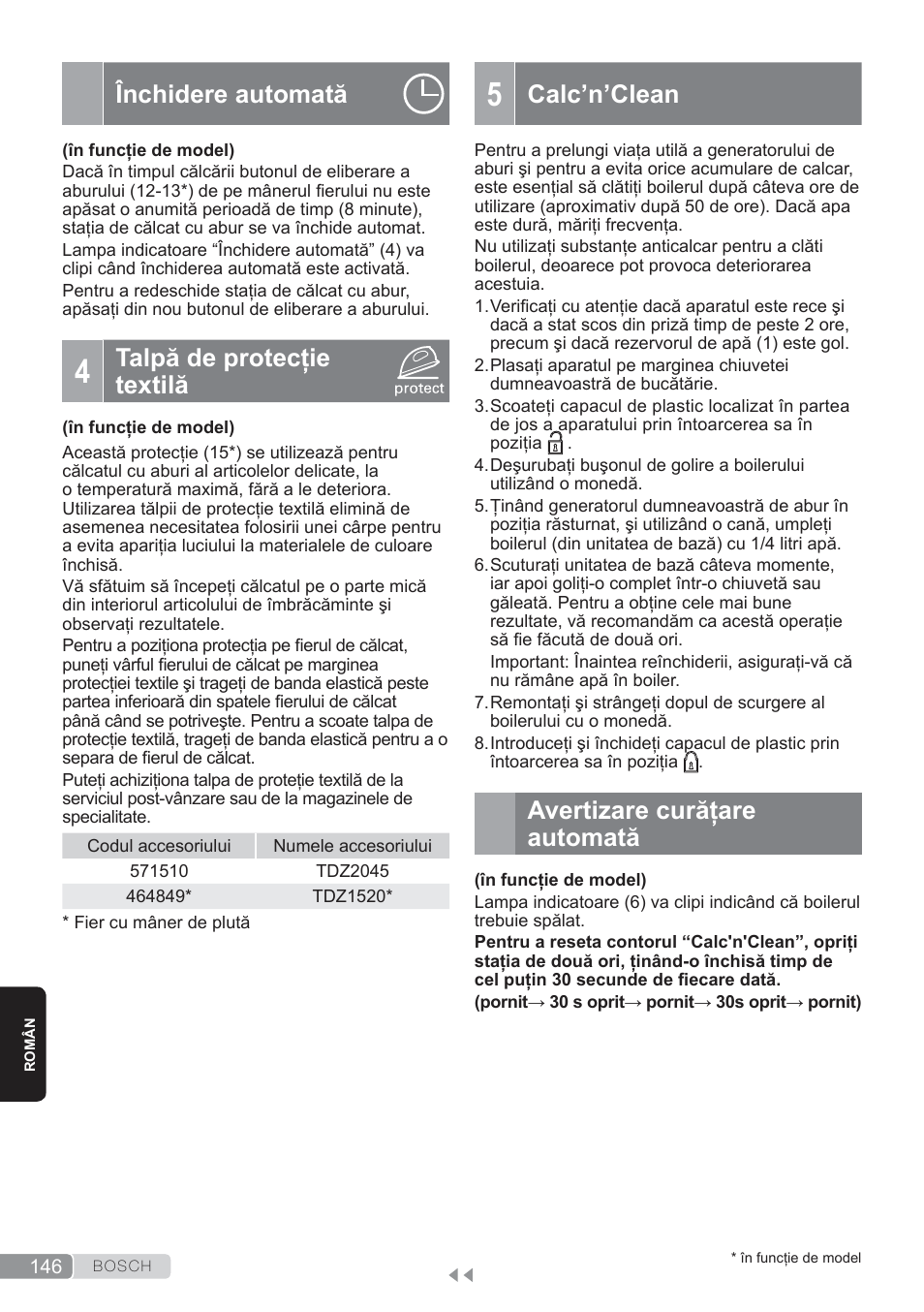 Închidere automată, Talpă de protecţie textilă, Avertizare curăţare automată | Calc’n’clean | Bosch TDS3560 schwarz schwarz Dampfstation Sensixx B35L power User Manual | Page 146 / 158