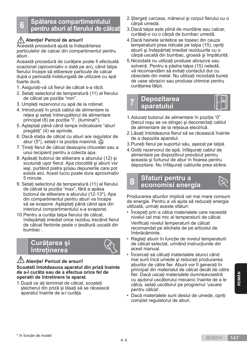 Curăţarea şi întreţinerea, Depozitarea aparatului, Sfaturi pentru aeconomisi energia | Sfaturi pentru a economisi energia | Bosch TDS3560 schwarz schwarz Dampfstation Sensixx B35L power User Manual | Page 147 / 158