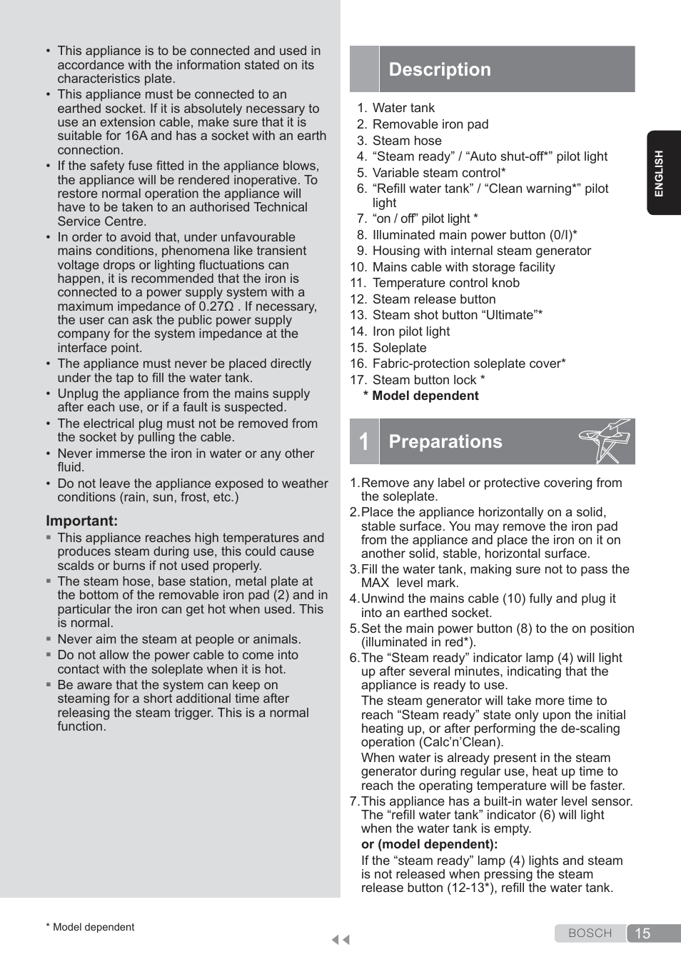 Description, Preparations | Bosch TDS3560 schwarz schwarz Dampfstation Sensixx B35L power User Manual | Page 15 / 158
