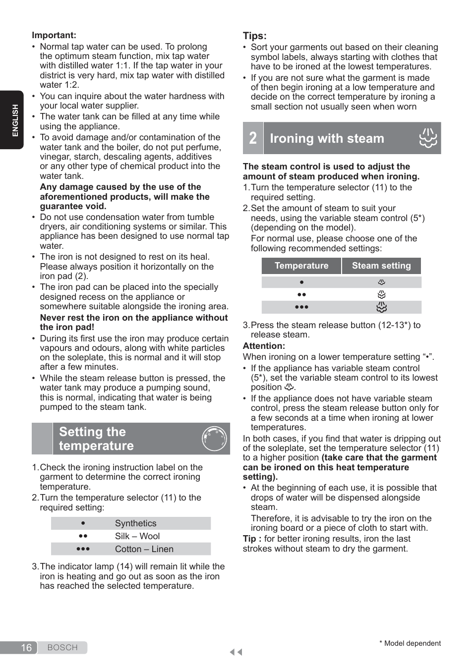 Setting the temperature, Ironing with steam | Bosch TDS3560 schwarz schwarz Dampfstation Sensixx B35L power User Manual | Page 16 / 158