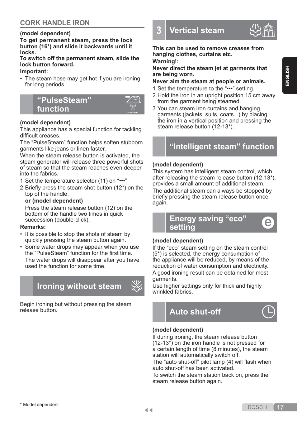 Pulse steam” function, Ironing without steam, Vertical steam | Intelligent steam” function, Energy saving “eco” setting, Auto shut-off, Pulsesteam” function | Bosch TDS3560 schwarz schwarz Dampfstation Sensixx B35L power User Manual | Page 17 / 158