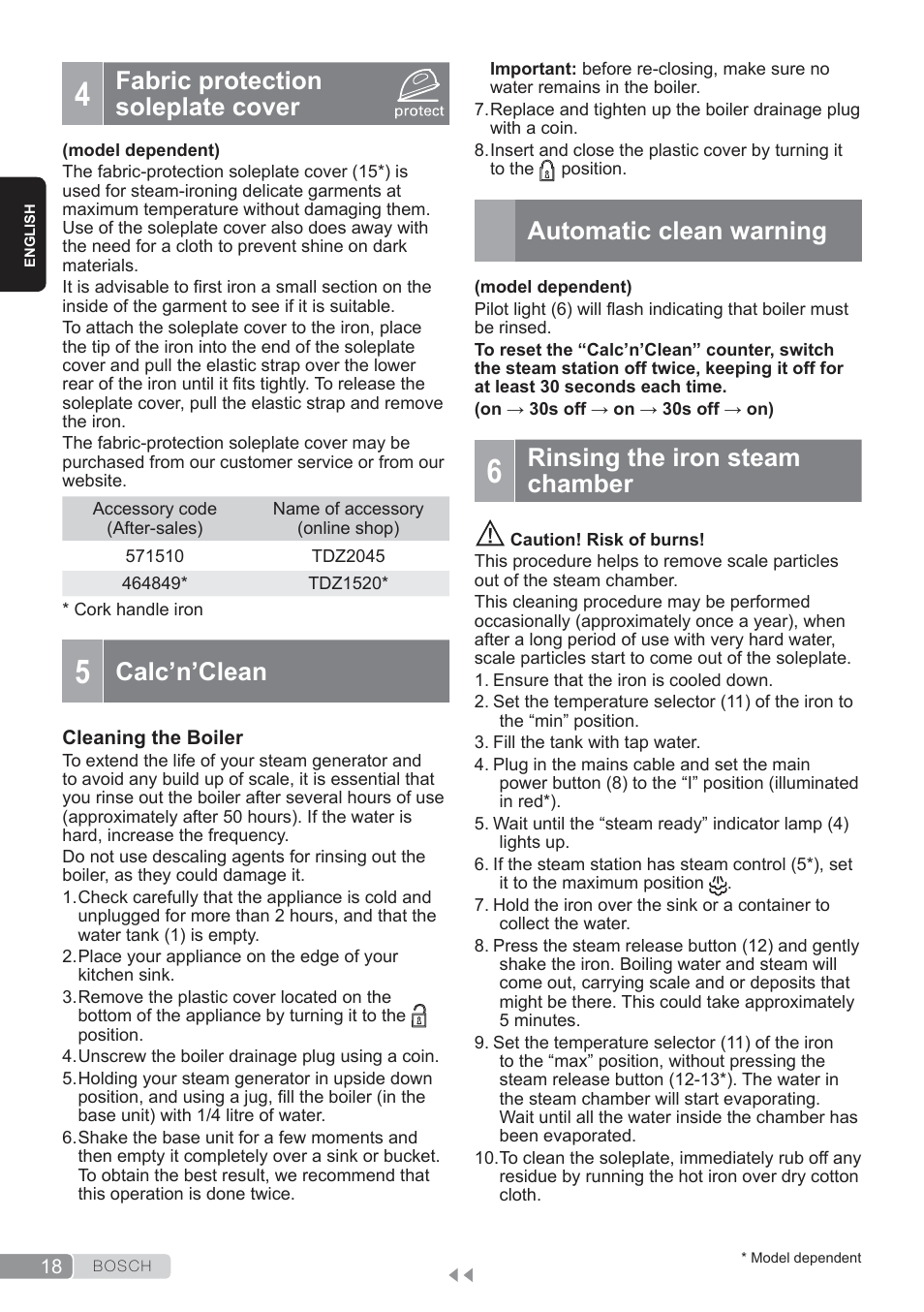Fabric protection soleplate cover, Calc’n’clean, Automatic clean warning | Rinsing the iron steam chamber | Bosch TDS3560 schwarz schwarz Dampfstation Sensixx B35L power User Manual | Page 18 / 158