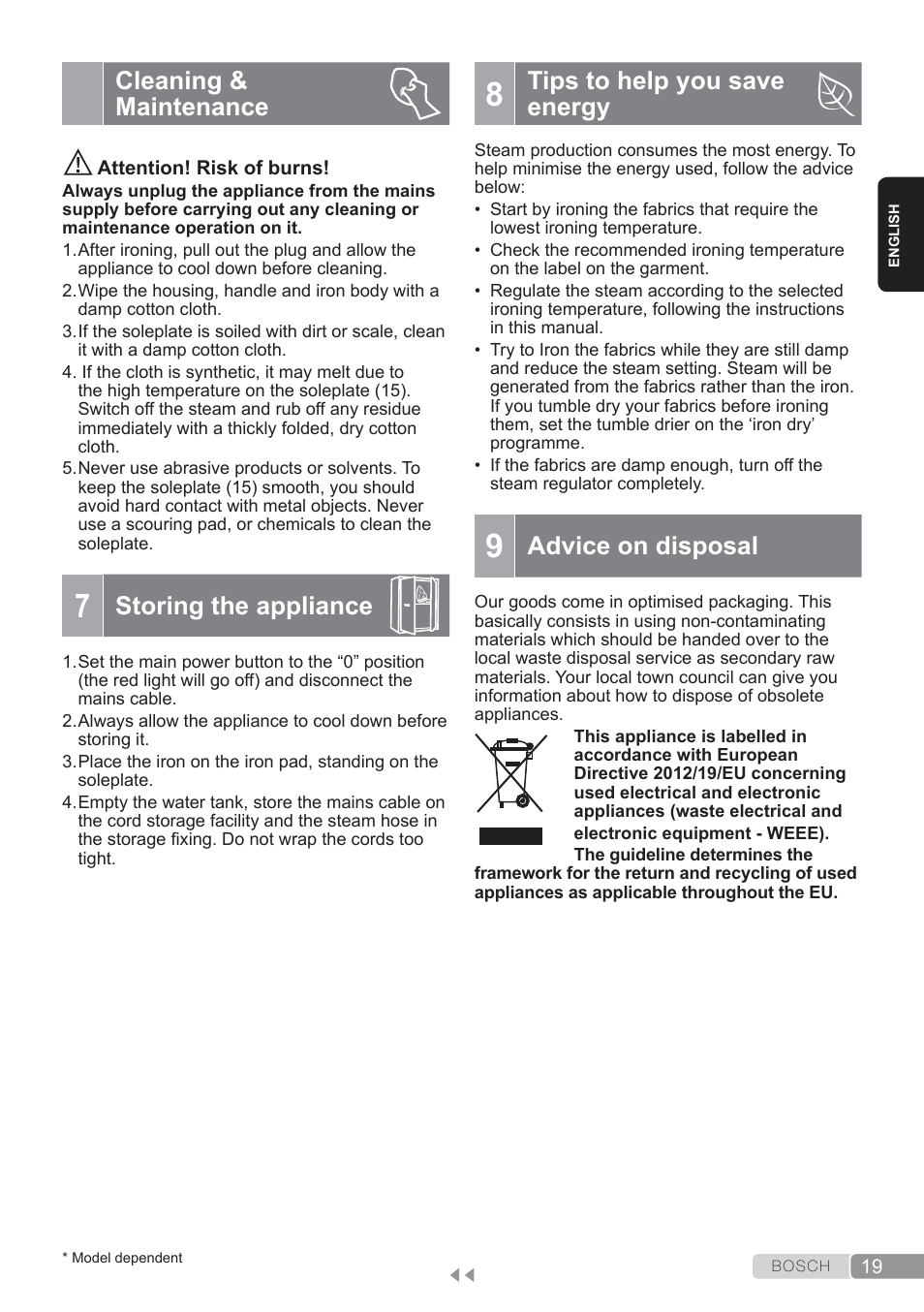 Cleaning & maintenance, Storing the appliance, 8 tips to help you saveenergy | Advice on disposal, Tips to help you save energy | Bosch TDS3560 schwarz schwarz Dampfstation Sensixx B35L power User Manual | Page 19 / 158