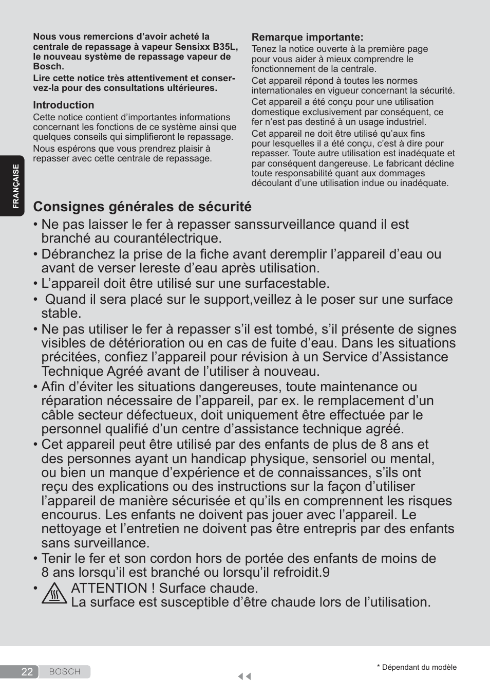 Française, Consignes générales de sécurité | Bosch TDS3560 schwarz schwarz Dampfstation Sensixx B35L power User Manual | Page 22 / 158