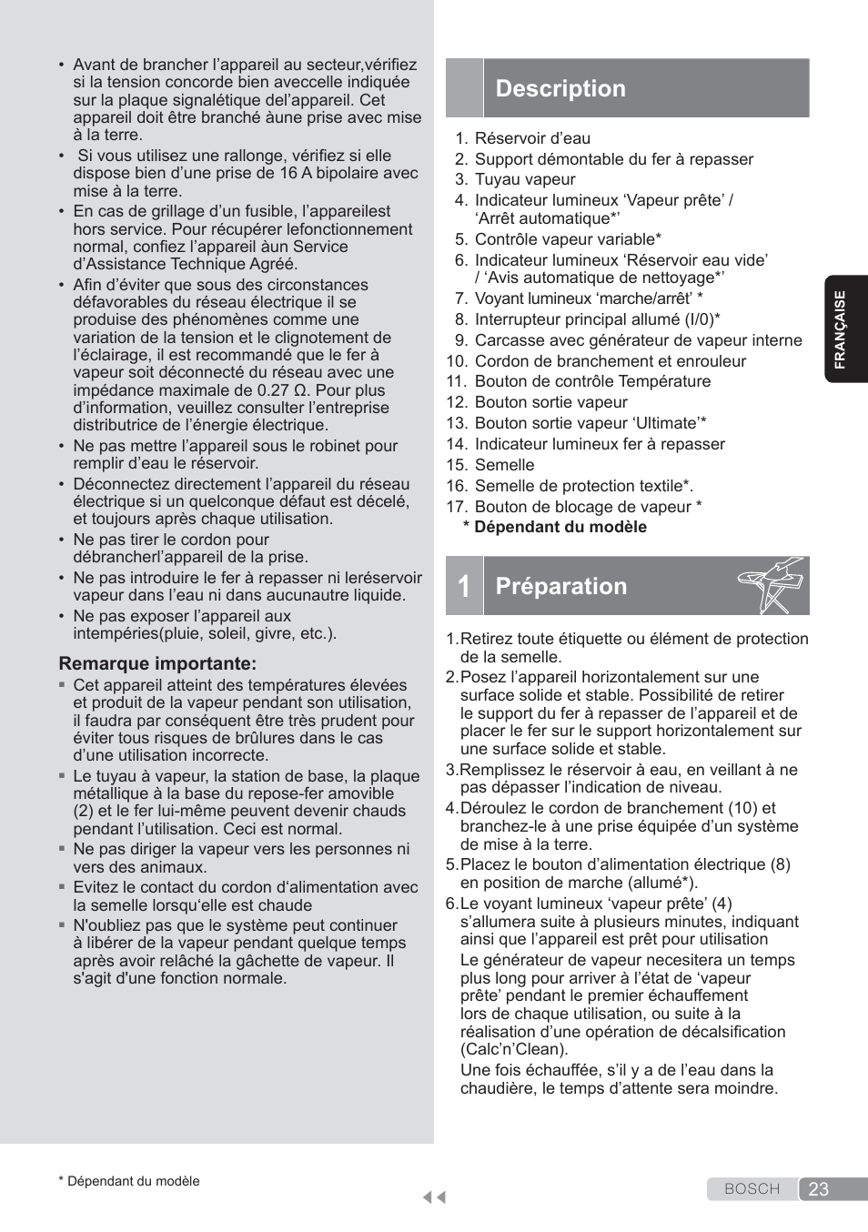 Description, Préparation | Bosch TDS3560 schwarz schwarz Dampfstation Sensixx B35L power User Manual | Page 23 / 158