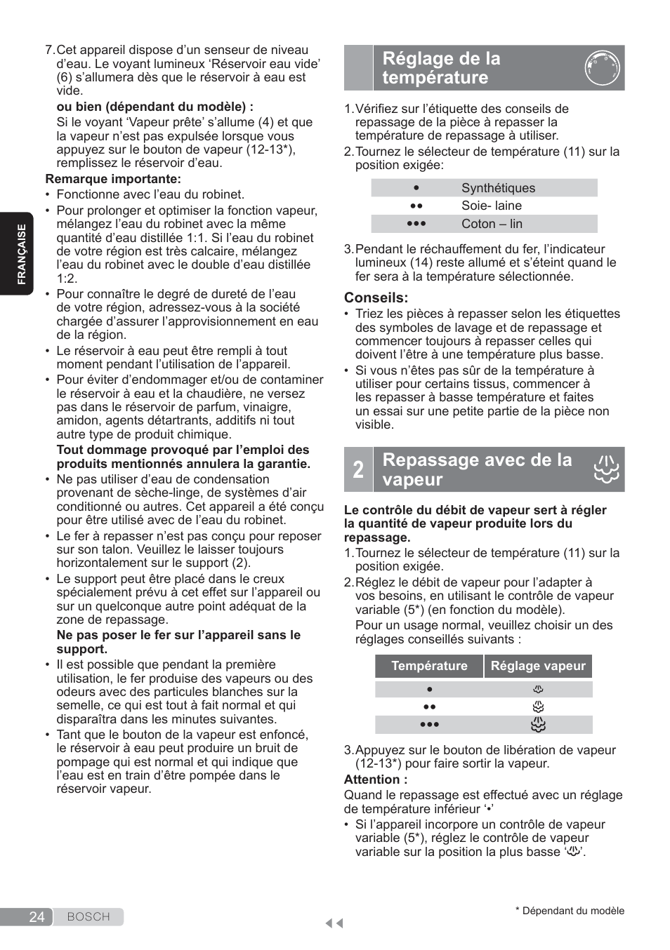 Réglage de la température, Repassage avec de la vapeur | Bosch TDS3560 schwarz schwarz Dampfstation Sensixx B35L power User Manual | Page 24 / 158