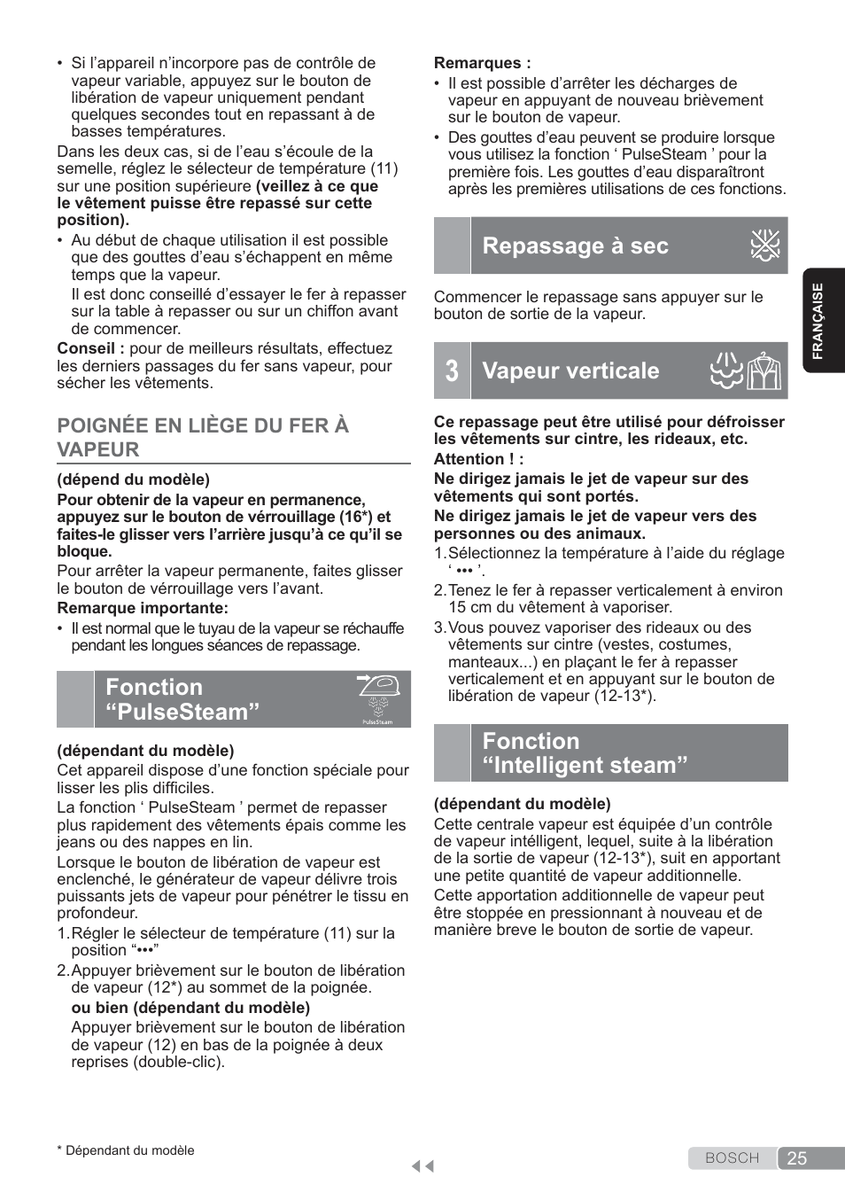 Fonction “pulse steam, Repassage à sec, Vapeur verticale | Fonction “intelligent steam, Fonction “pulsesteam, Poignée en liège du fer à vapeur | Bosch TDS3560 schwarz schwarz Dampfstation Sensixx B35L power User Manual | Page 25 / 158