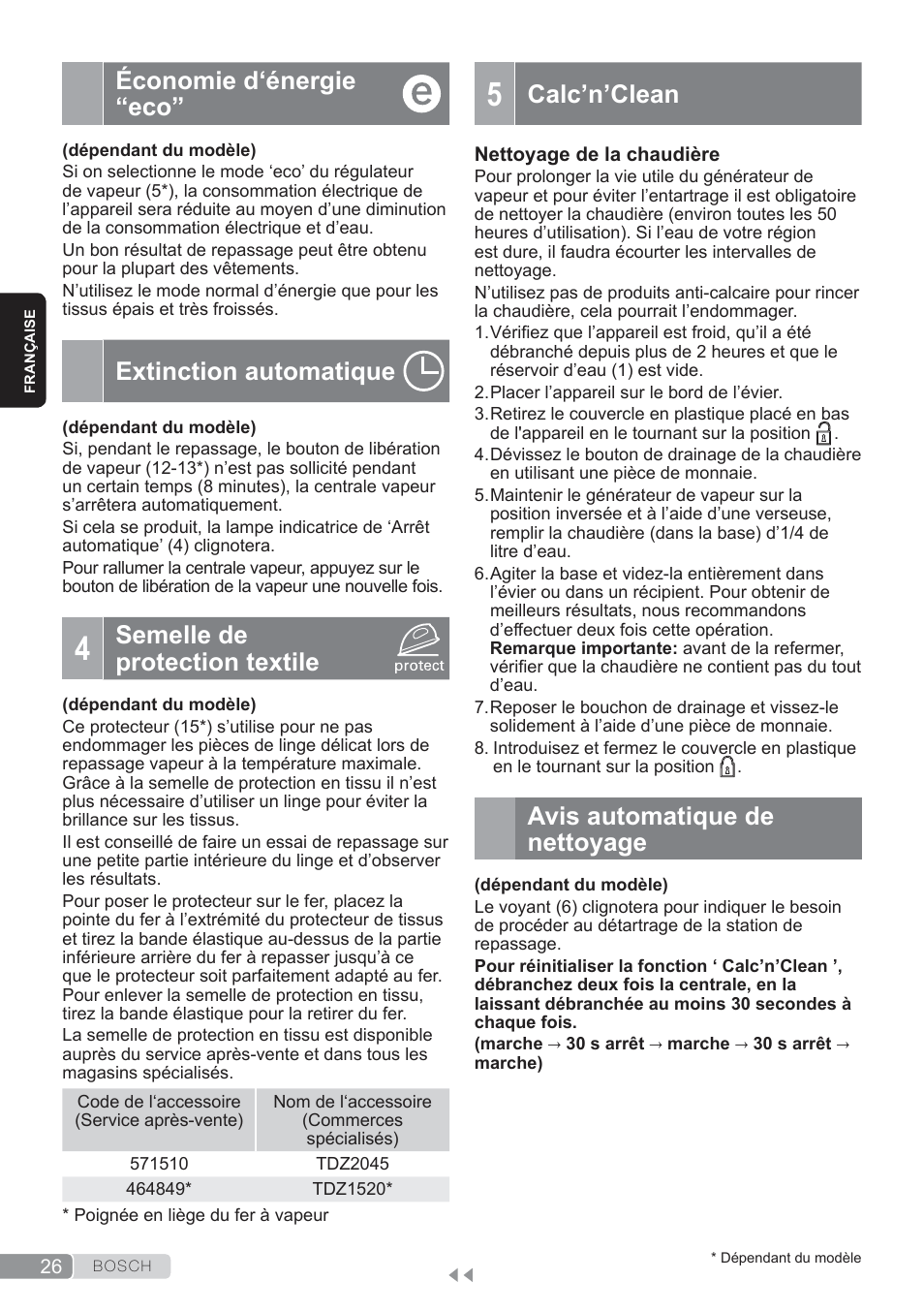 Économie d‘énergie “eco, Extinction automatique, Semelle de protection textile | Calc’n’clean, Avis automatique de nettoyage | Bosch TDS3560 schwarz schwarz Dampfstation Sensixx B35L power User Manual | Page 26 / 158