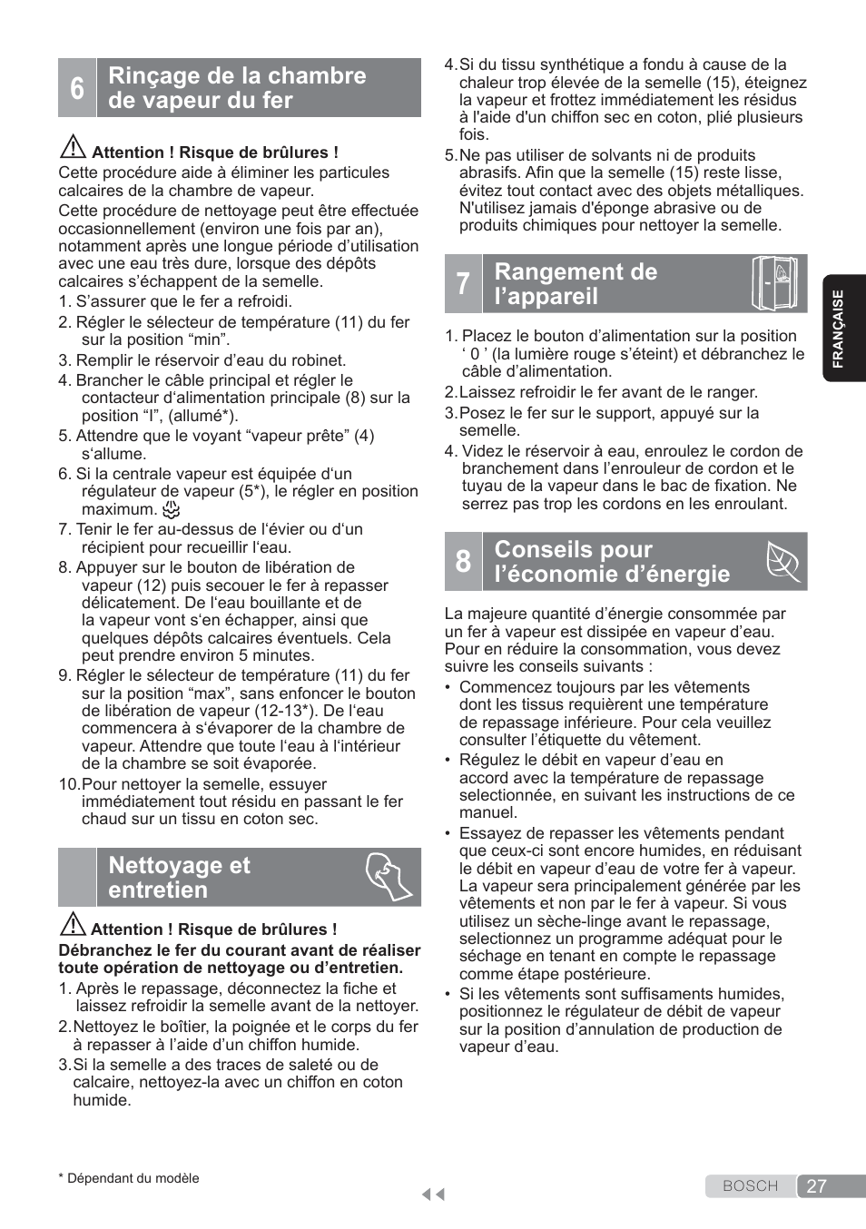 Rinçage de la chambre de vapeur du fer, Nettoyage et entretien, Rangement de l’appareil | 8 conseils pourl’économie d’énergie, Conseils pour l’économie d’énergie | Bosch TDS3560 schwarz schwarz Dampfstation Sensixx B35L power User Manual | Page 27 / 158