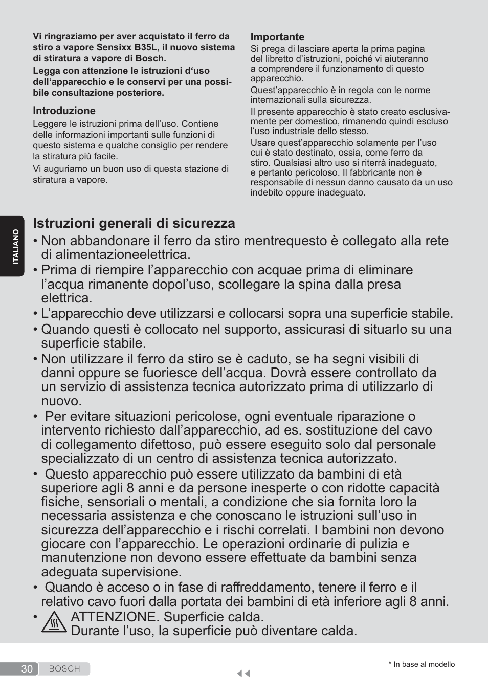 Italiano, Istruzioni generali di sicurezza | Bosch TDS3560 schwarz schwarz Dampfstation Sensixx B35L power User Manual | Page 30 / 158
