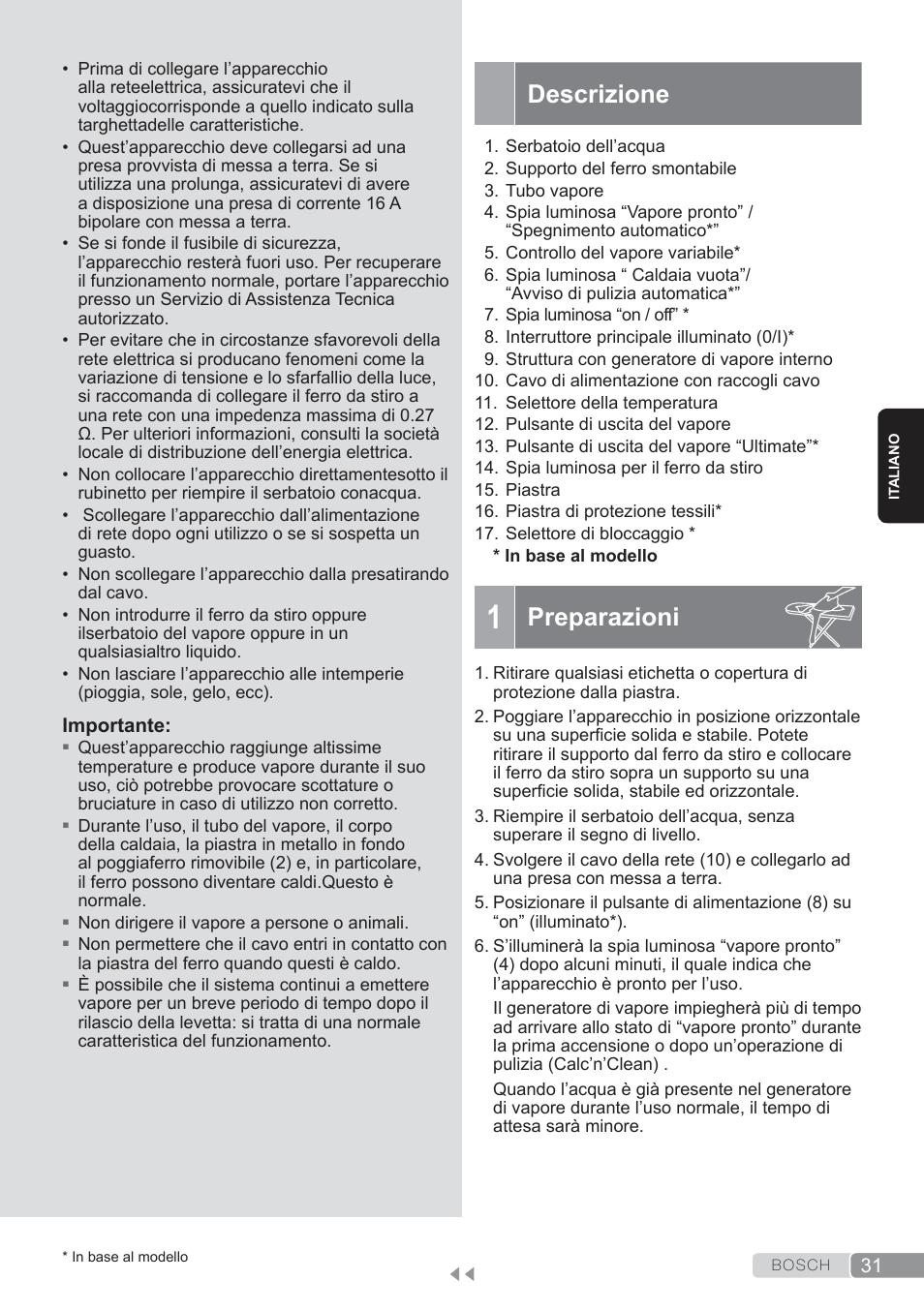 Descrizione, Preparazioni | Bosch TDS3560 schwarz schwarz Dampfstation Sensixx B35L power User Manual | Page 31 / 158