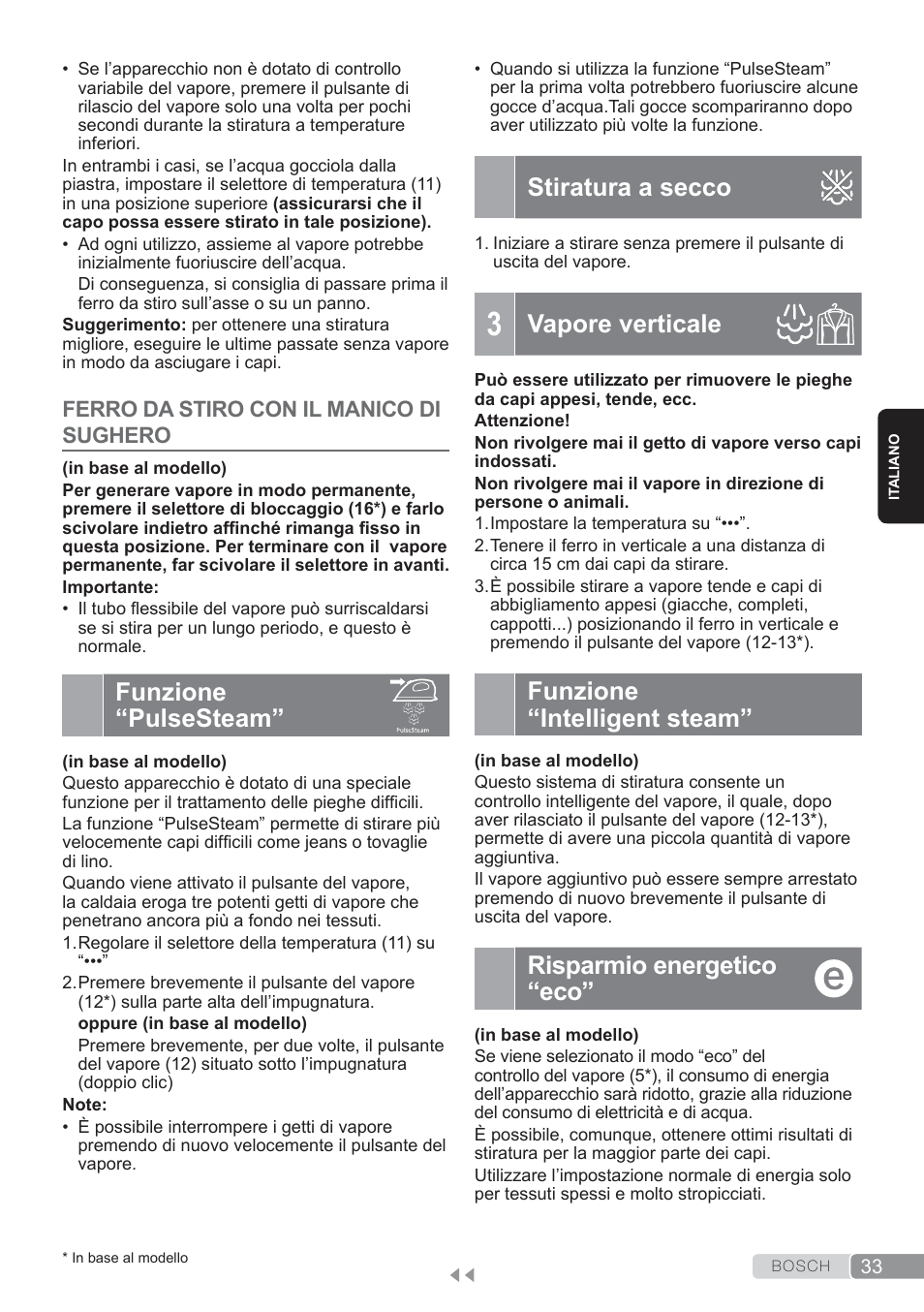 Funzione “pulse steam, Stiratura a secco, Vapore verticale | Funzione “intelligent steam, Risparmio energetico “eco, Funzione “pulsesteam | Bosch TDS3560 schwarz schwarz Dampfstation Sensixx B35L power User Manual | Page 33 / 158