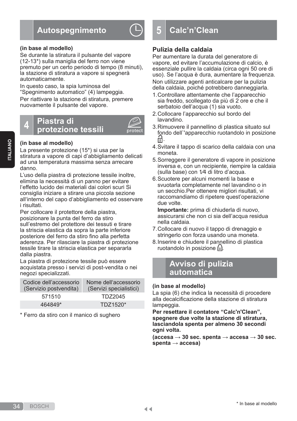 Autospegnimento, Piastra di protezione tessili, Calc’n’clean | Avviso di pulizia automatica | Bosch TDS3560 schwarz schwarz Dampfstation Sensixx B35L power User Manual | Page 34 / 158