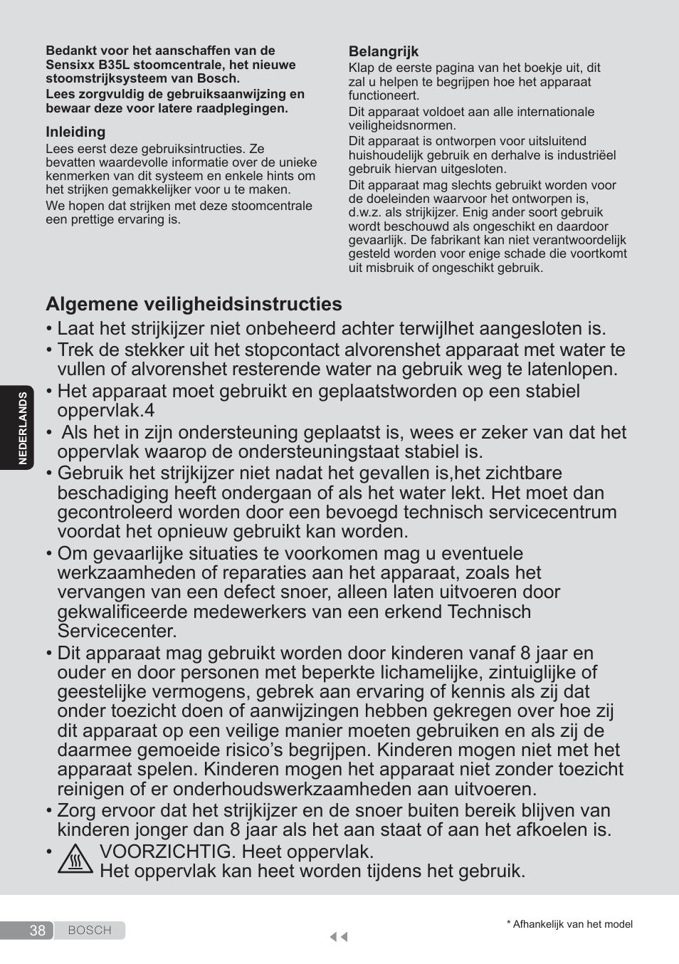Nederlands, Algemene veiligheidsinstructies | Bosch TDS3560 schwarz schwarz Dampfstation Sensixx B35L power User Manual | Page 38 / 158