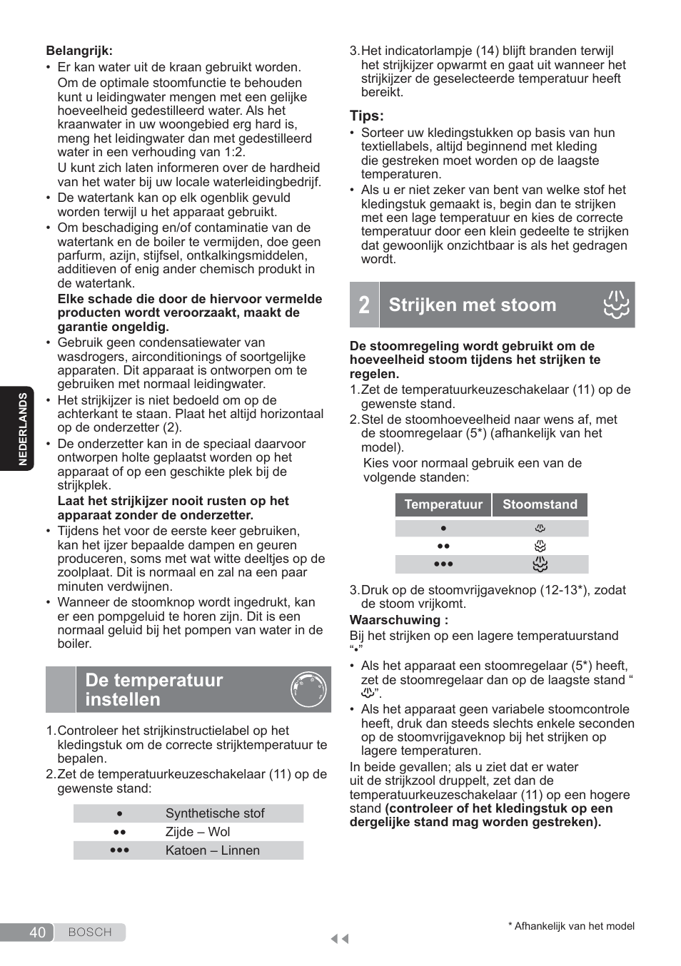 De temperatuur instellen, Strijken met stoom | Bosch TDS3560 schwarz schwarz Dampfstation Sensixx B35L power User Manual | Page 40 / 158