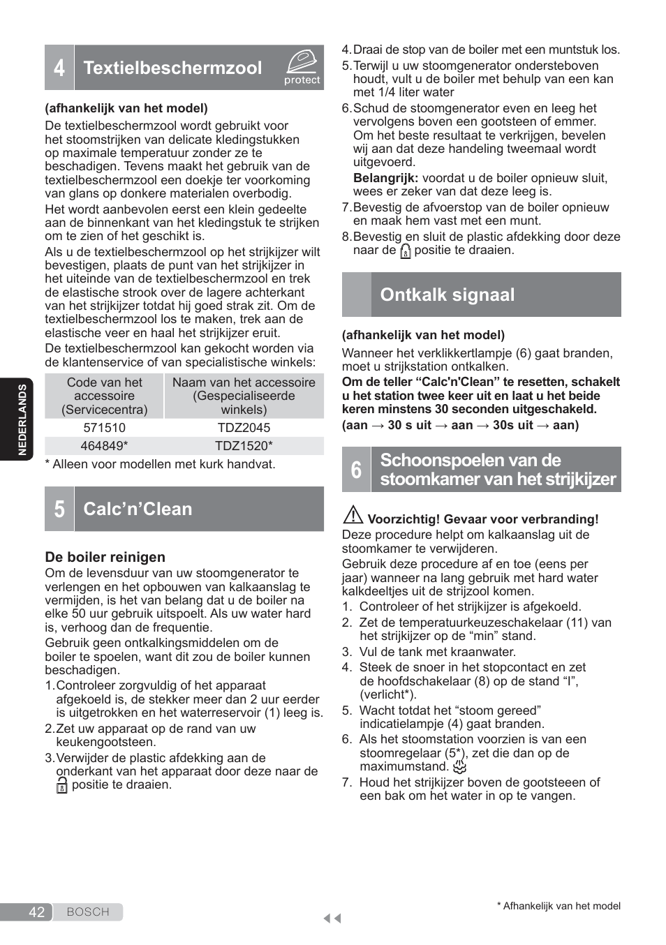 Textielbeschermzool, Calc’n’clean, Ontkalk signaal | Bosch TDS3560 schwarz schwarz Dampfstation Sensixx B35L power User Manual | Page 42 / 158