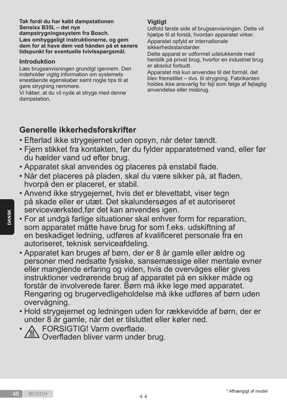 Dansk, Generelle ikkerhedsforskrifter | Bosch TDS3560 schwarz schwarz Dampfstation Sensixx B35L power User Manual | Page 46 / 158