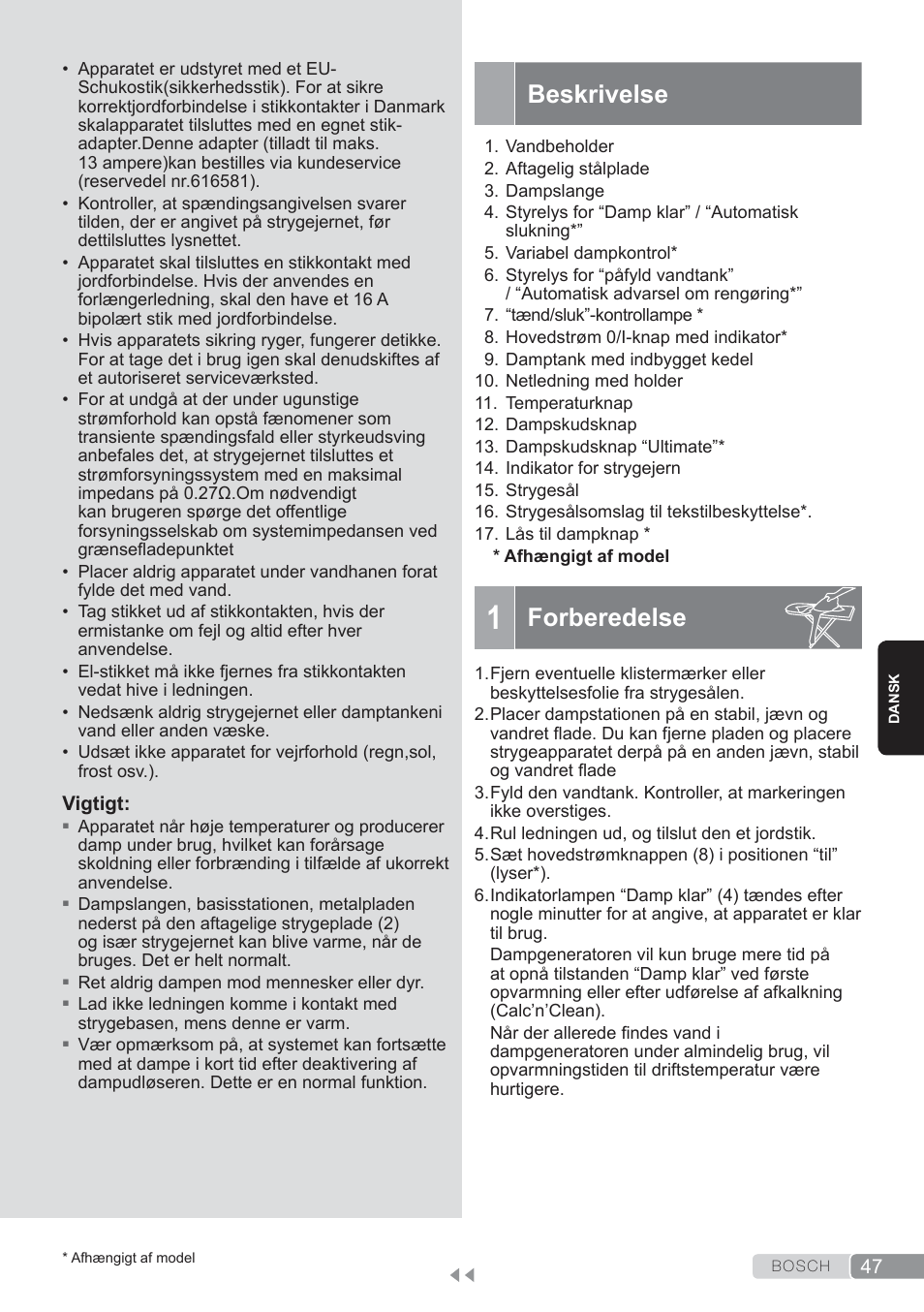 Beskrivelse, 1 forberedelse, Forberedelse | Bosch TDS3560 schwarz schwarz Dampfstation Sensixx B35L power User Manual | Page 47 / 158