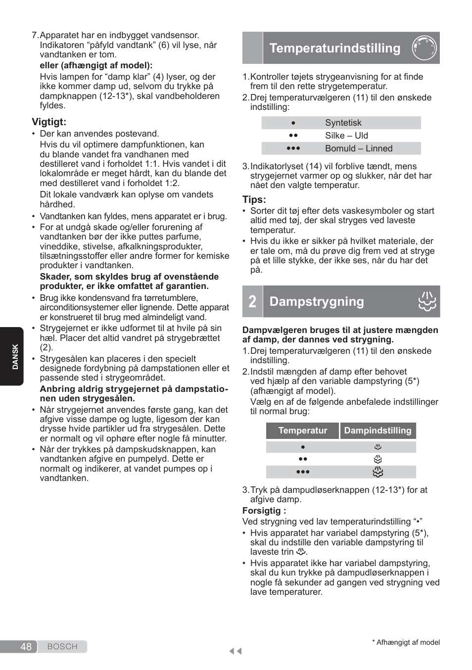 Temperaturindstilling, Dampstrygning | Bosch TDS3560 schwarz schwarz Dampfstation Sensixx B35L power User Manual | Page 48 / 158