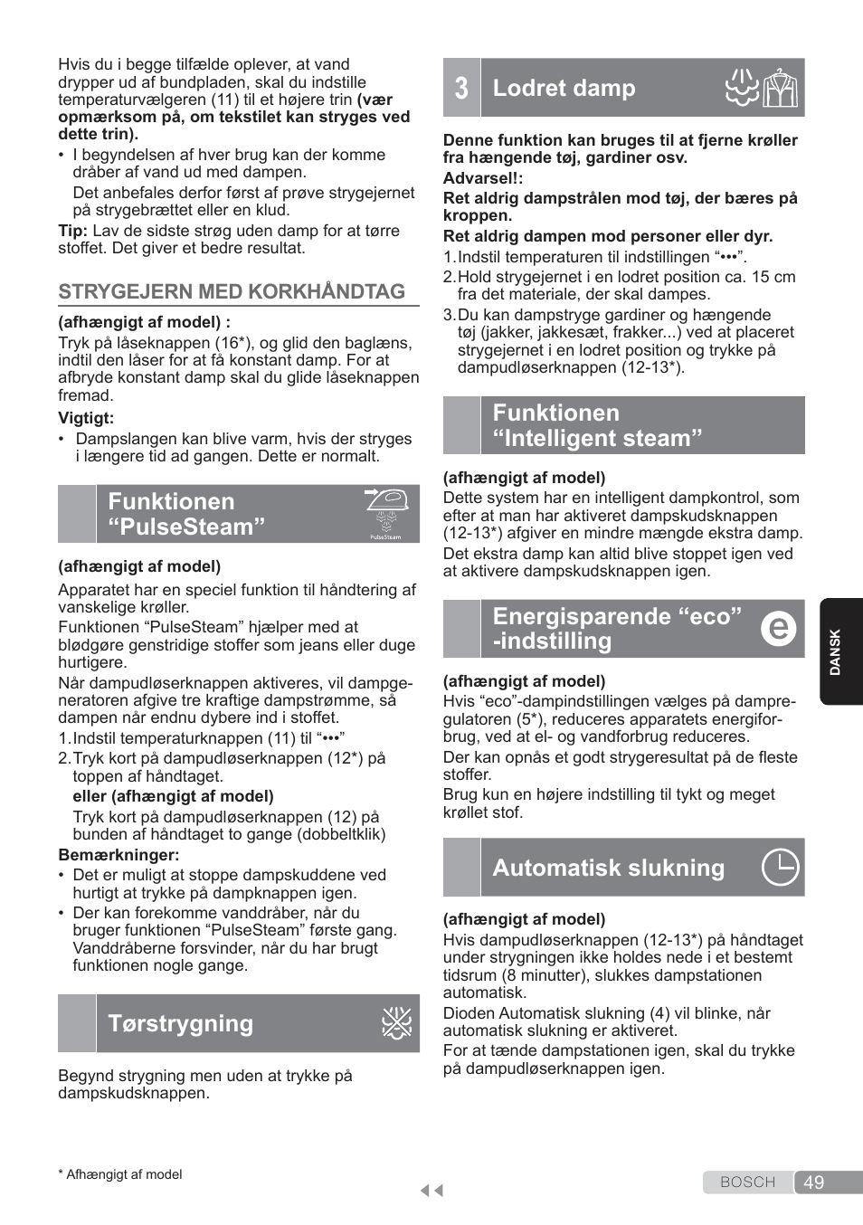 Funktionen “pulse steam, Tørstrygning, Lodret damp | Funktionen “intelligent steam, Automatisk slukning, Funktionen “pulsesteam, Energisparende “eco” -indstilling | Bosch TDS3560 schwarz schwarz Dampfstation Sensixx B35L power User Manual | Page 49 / 158