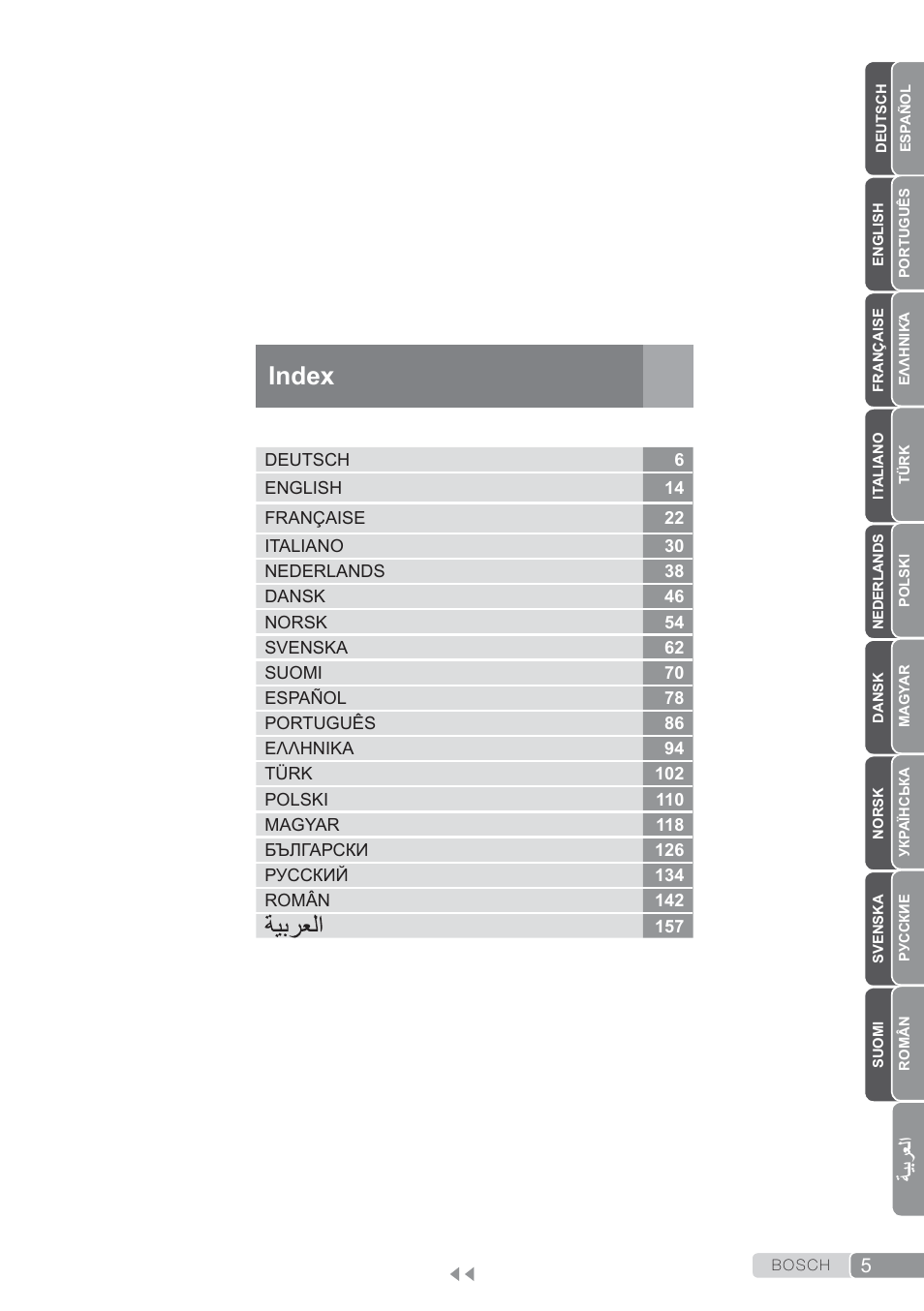 Index, ةيبرعلا | Bosch TDS3560 schwarz schwarz Dampfstation Sensixx B35L power User Manual | Page 5 / 158