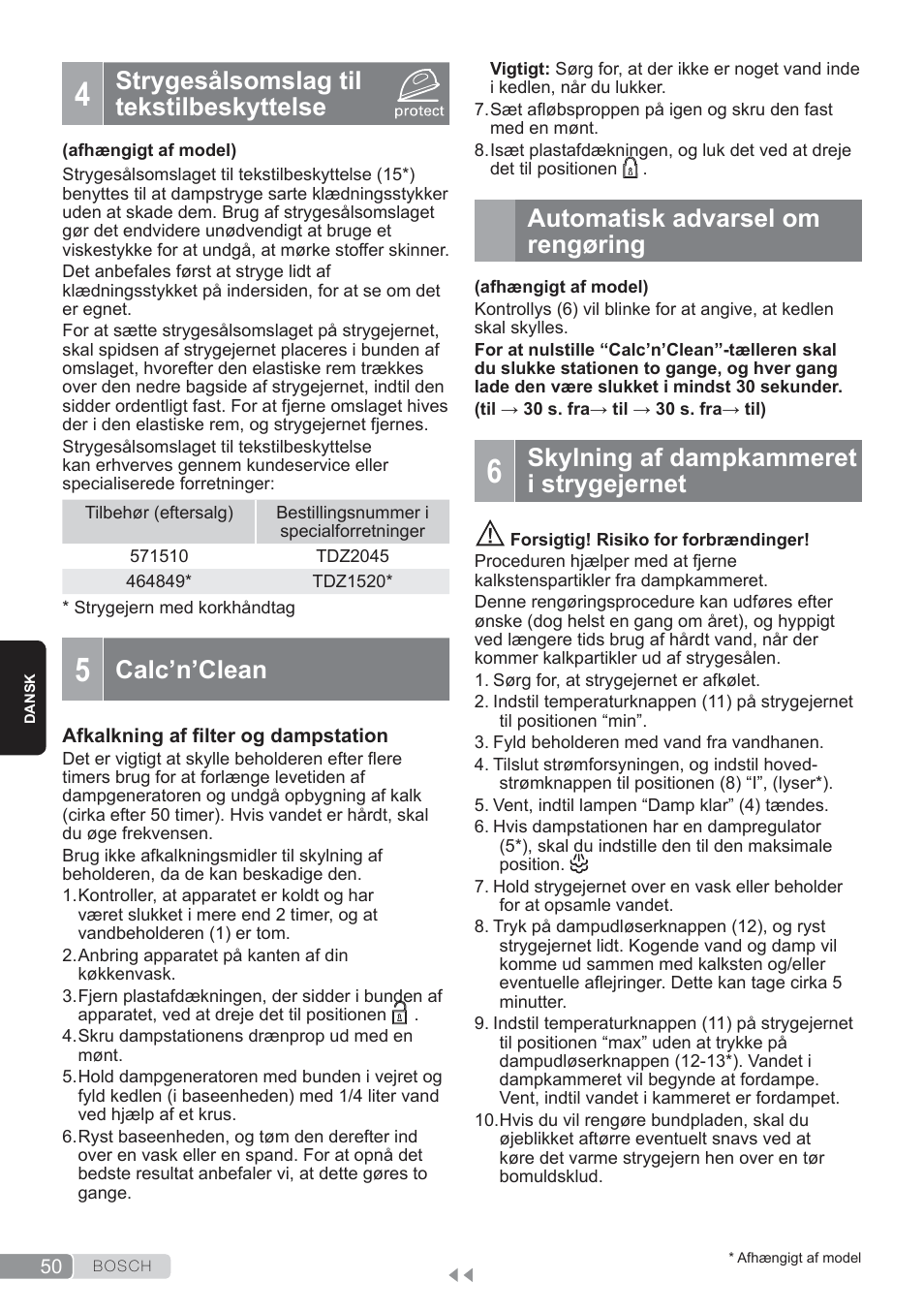 Strygesålsomslag til tekstilbeskyttelse, Calc’n’clean, Automatisk advarsel om rengøring | Skylning af dampkammeret i strygejernet | Bosch TDS3560 schwarz schwarz Dampfstation Sensixx B35L power User Manual | Page 50 / 158