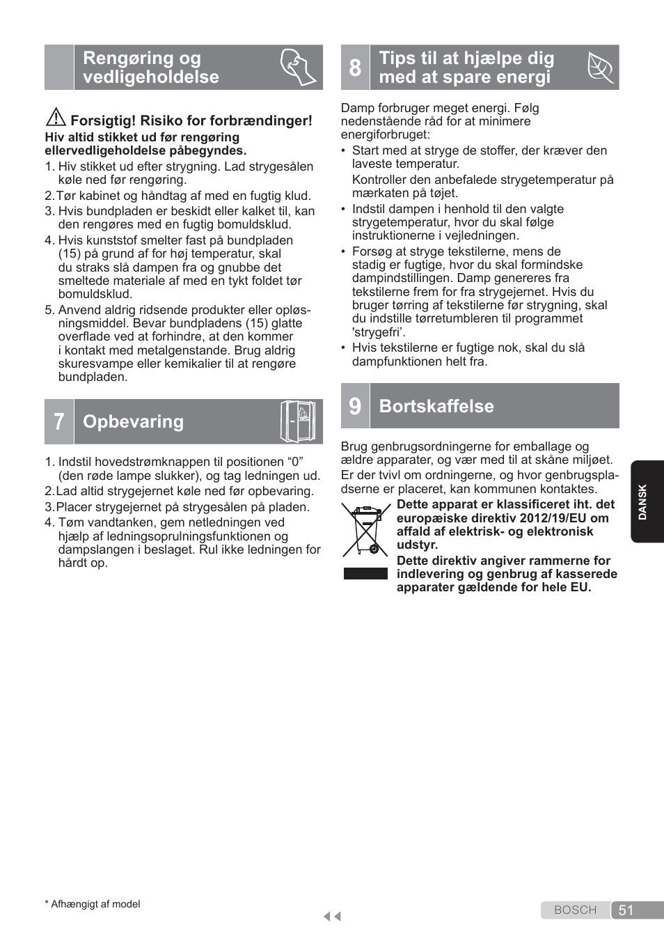 Rengøring og vedligeholdelse, Opbevaring, Tips til at hjælpe digmed at spare energi | Bortskaffelse, Tips til at hjælpe dig med at spare energi | Bosch TDS3560 schwarz schwarz Dampfstation Sensixx B35L power User Manual | Page 51 / 158