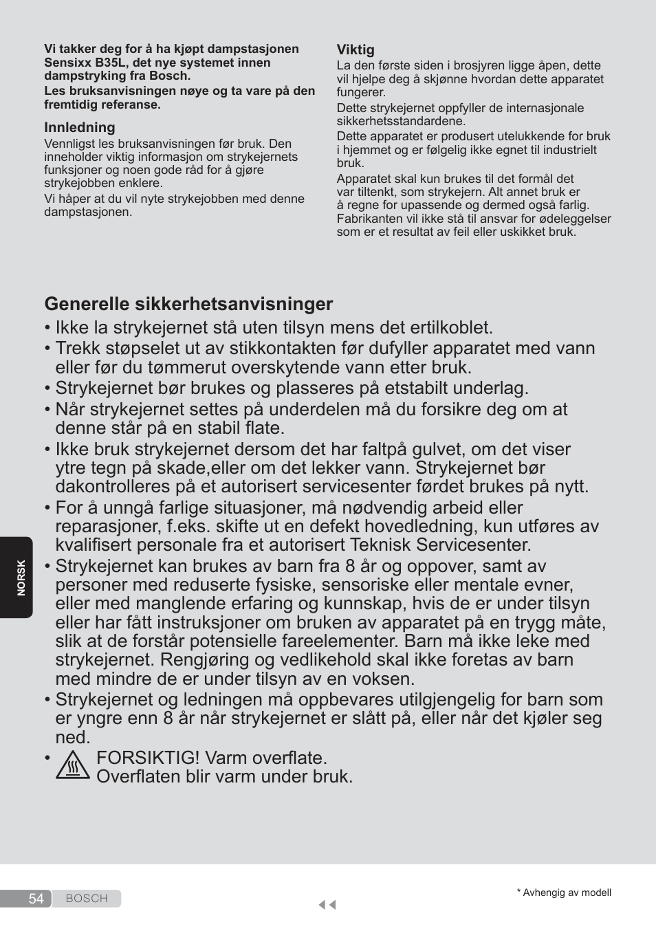 Norsk, Generelle sikkerhetsanvisninger | Bosch TDS3560 schwarz schwarz Dampfstation Sensixx B35L power User Manual | Page 54 / 158