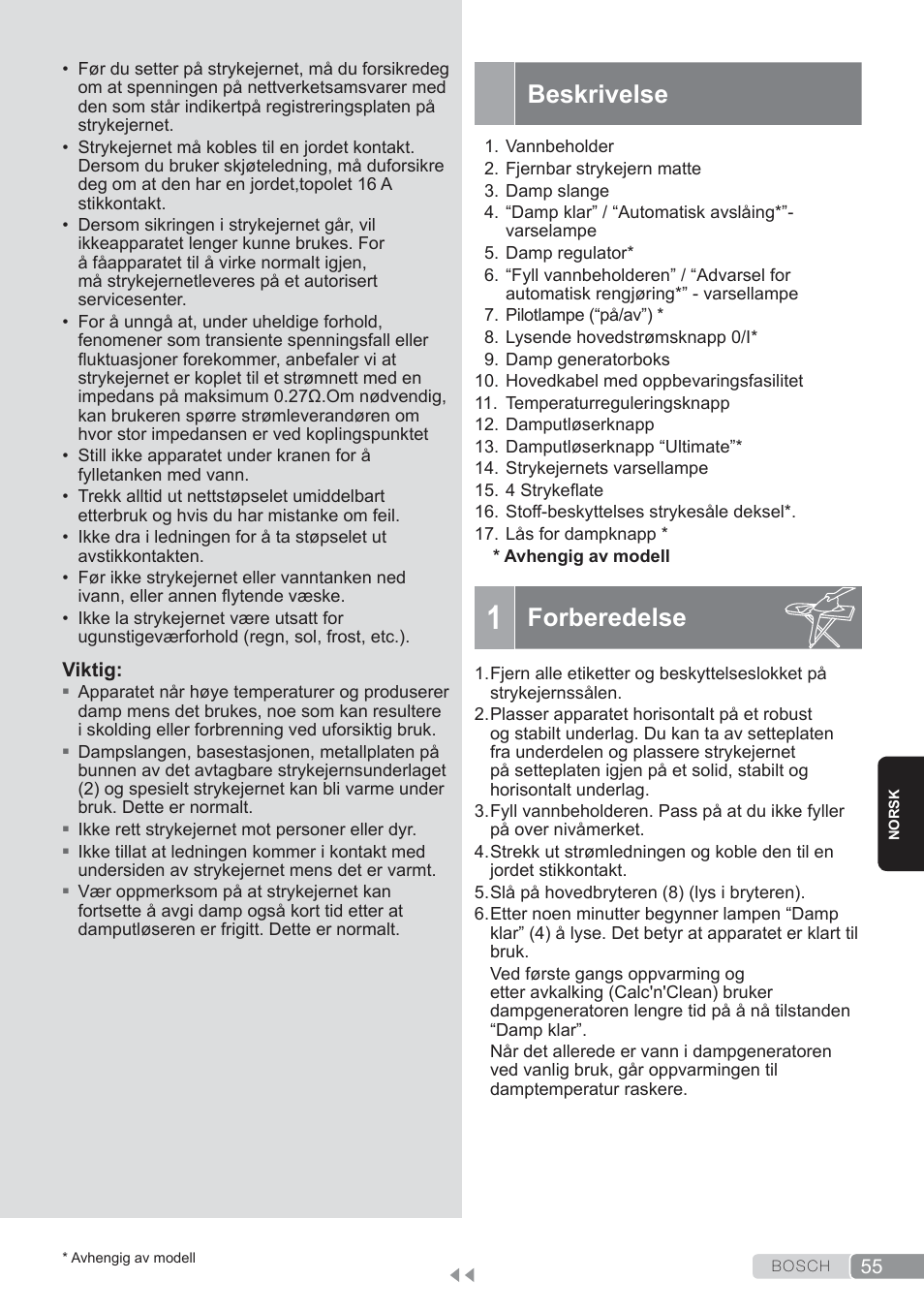 Beskrivelse, 1 forberedelse, Forberedelse | Bosch TDS3560 schwarz schwarz Dampfstation Sensixx B35L power User Manual | Page 55 / 158