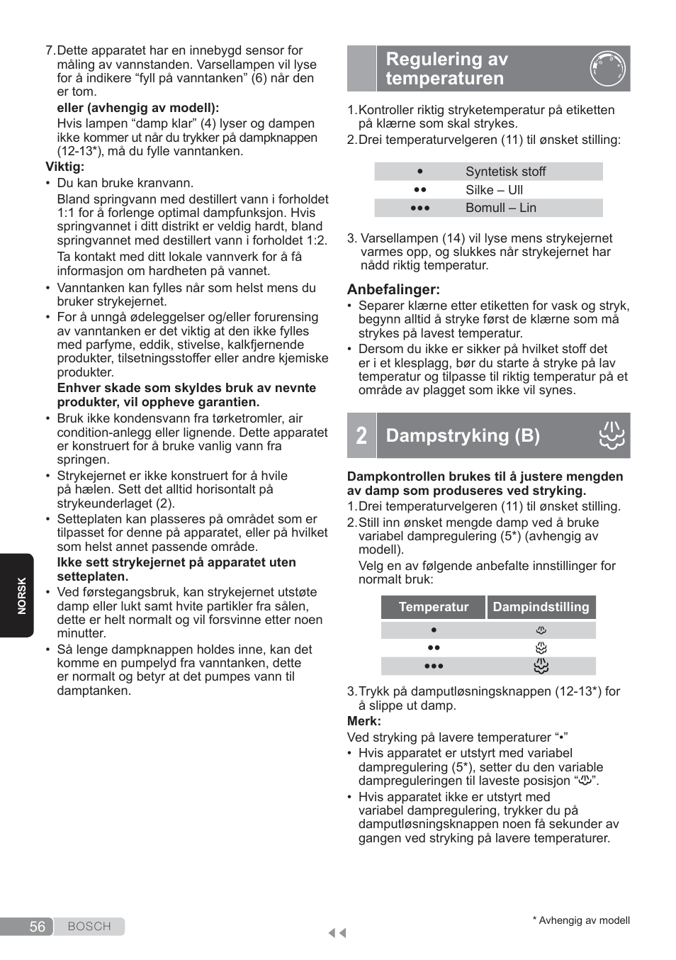 Regulering av temperaturen, Dampstryking (b) | Bosch TDS3560 schwarz schwarz Dampfstation Sensixx B35L power User Manual | Page 56 / 158