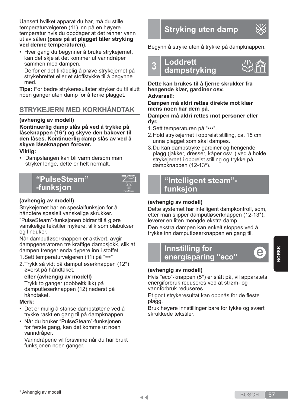 Pulse steam”-funksjon, Stryking uten damp, Loddrett dampstryking | Intelligent steam”-funksjon, Innstilling for energisparing “eco, Pulsesteam” -funksjon, Intelligent steam”- funksjon | Bosch TDS3560 schwarz schwarz Dampfstation Sensixx B35L power User Manual | Page 57 / 158