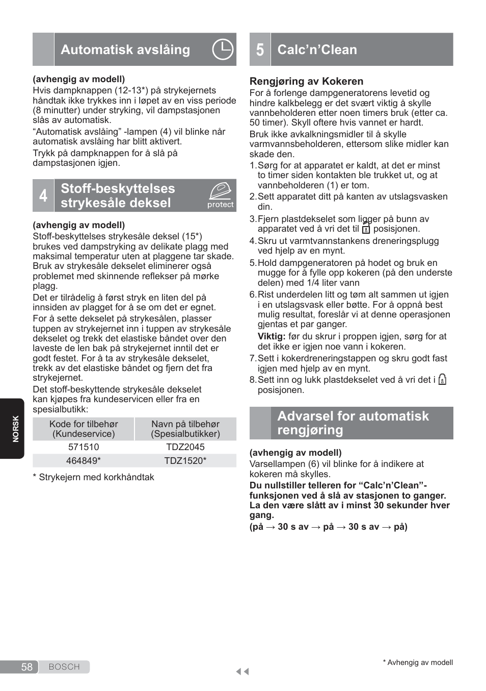 Automatisk avslåing, Stoff-beskyttelses strykesåle deksel, Calc’n’clean | Advarsel for automatisk rengjøring | Bosch TDS3560 schwarz schwarz Dampfstation Sensixx B35L power User Manual | Page 58 / 158