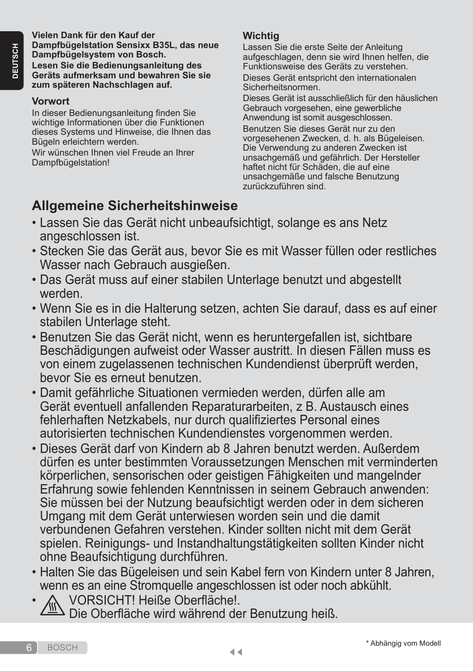 Deutsch, Allgemeine sicherheitshinweise | Bosch TDS3560 schwarz schwarz Dampfstation Sensixx B35L power User Manual | Page 6 / 158