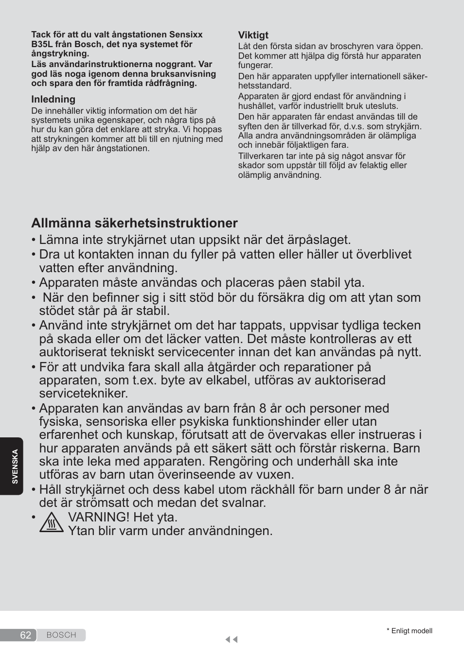 Svenska, Allmänna säkerhetsinstruktioner | Bosch TDS3560 schwarz schwarz Dampfstation Sensixx B35L power User Manual | Page 62 / 158