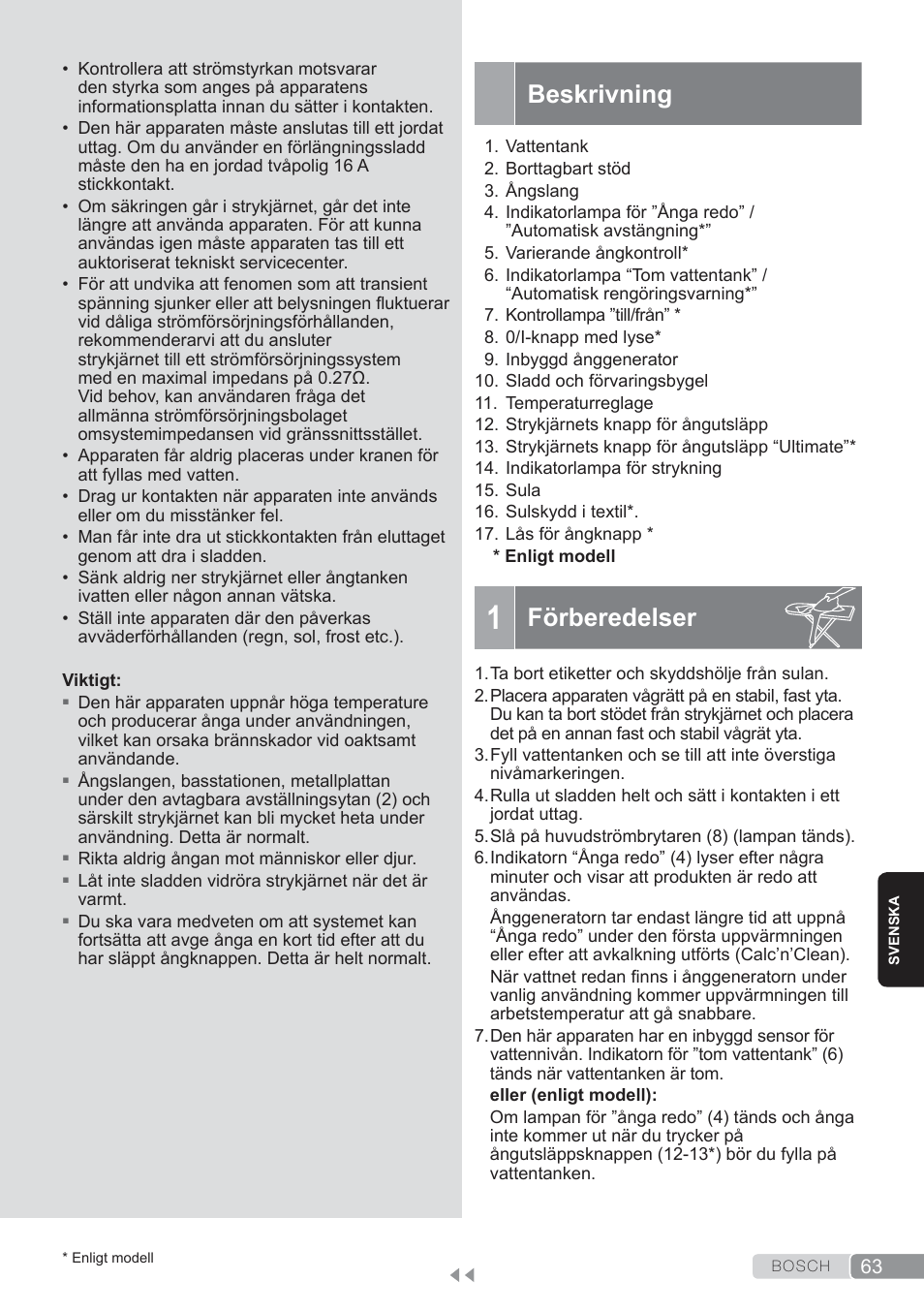 Beskrivning, Förberedelser | Bosch TDS3560 schwarz schwarz Dampfstation Sensixx B35L power User Manual | Page 63 / 158