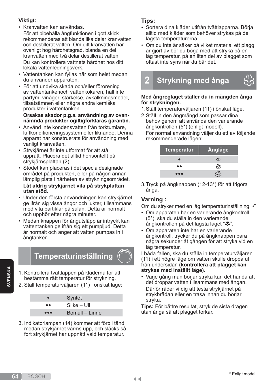 Temperaturinställning, Strykning med ånga | Bosch TDS3560 schwarz schwarz Dampfstation Sensixx B35L power User Manual | Page 64 / 158